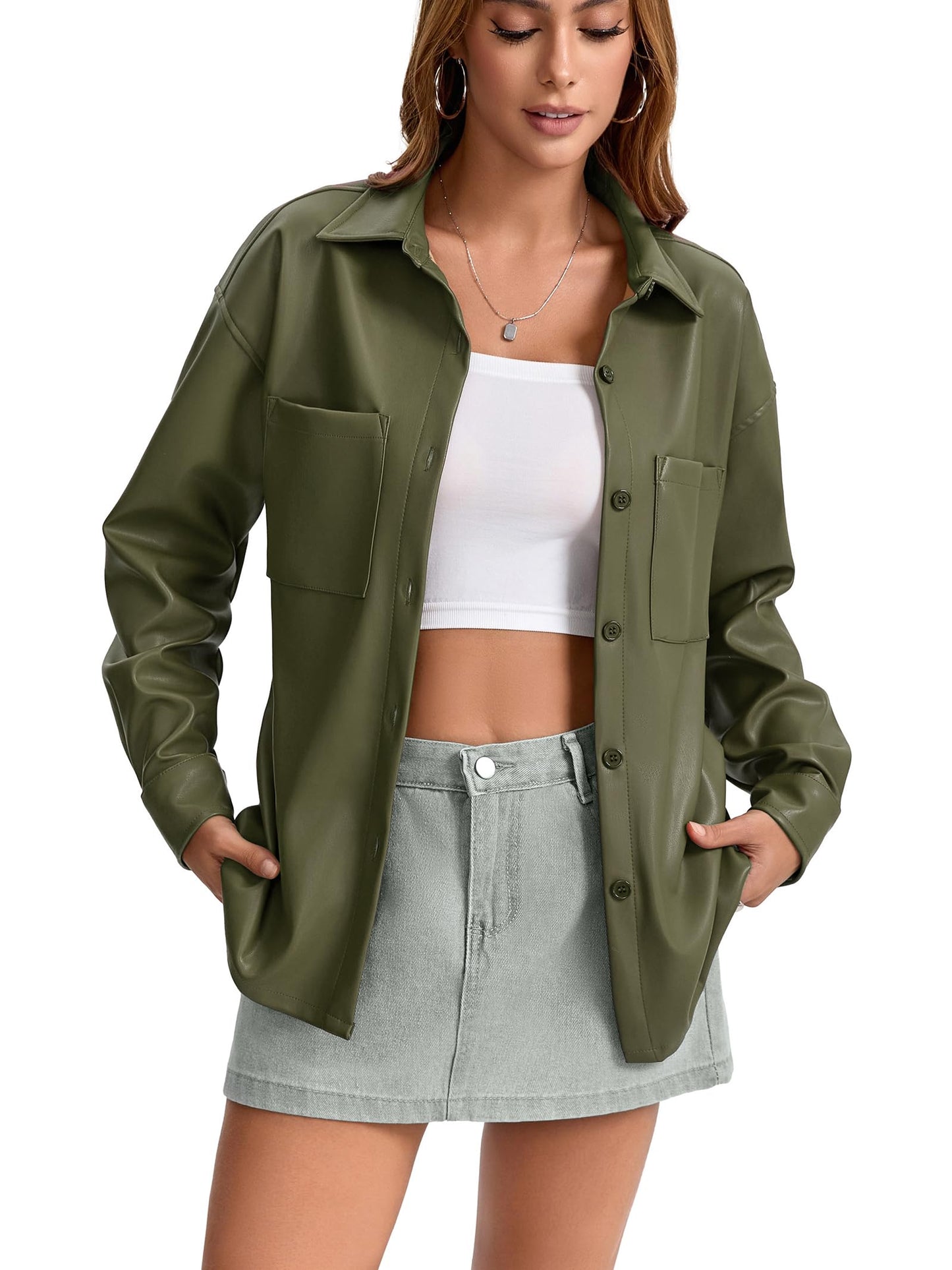 Haianguoji Women's Faux Leather Button-Down Shirt Jacket Lightweight Long Sleeve PU Blouse Shacket Tops (Green, M)