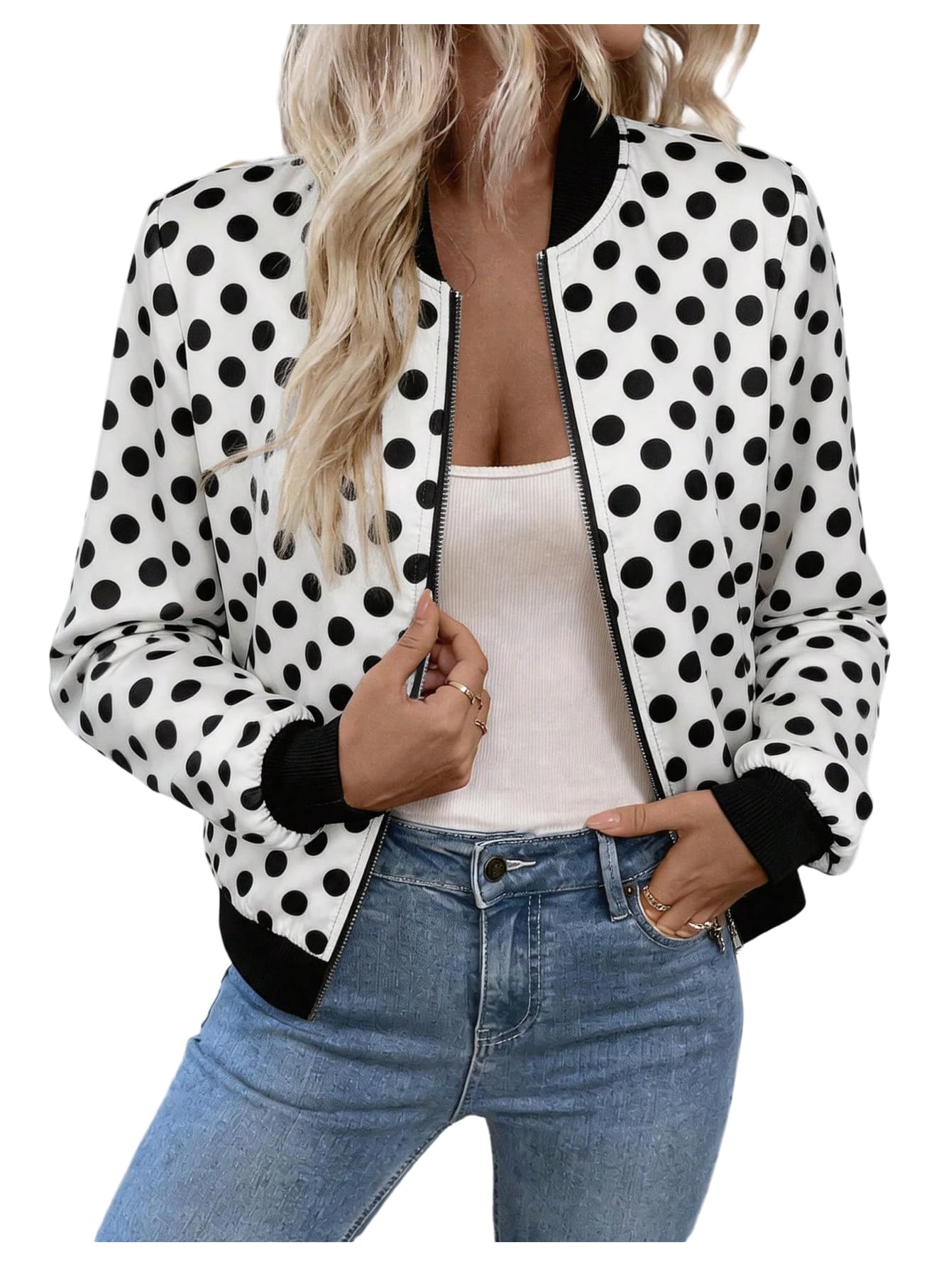 SOLY HUX Women's Polka Dots Bomber Jacket Zip Up Long Sleeve Lightweight Jackets Casual Outerwear Black and White Medium