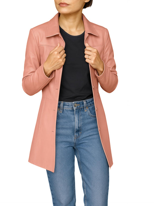 Jild Casual Car Coat Lambskin Leather Jacket Women – ¾ Length Blazer Overcoat Style Leather Long Coat Women (CCW-Pink-L)
