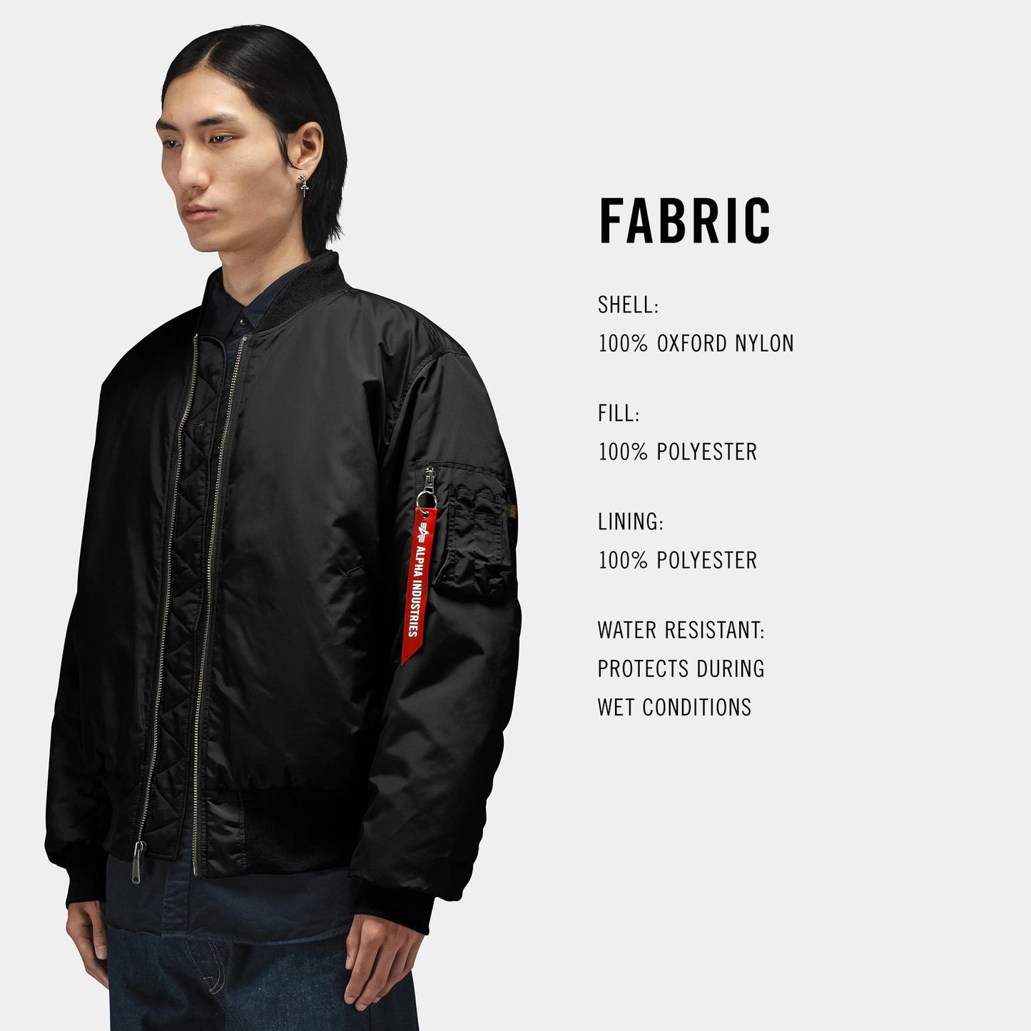 Alpha Industries MA-1 Oxford Flight Jacket for Men Lightweight Oxford Nylon Bomber Jacket with Utility Sleeve Pocket Ribbed Knit Cuffs Hem Collar Relaxed Fit Zipper Closure Army Air Force, Black, S