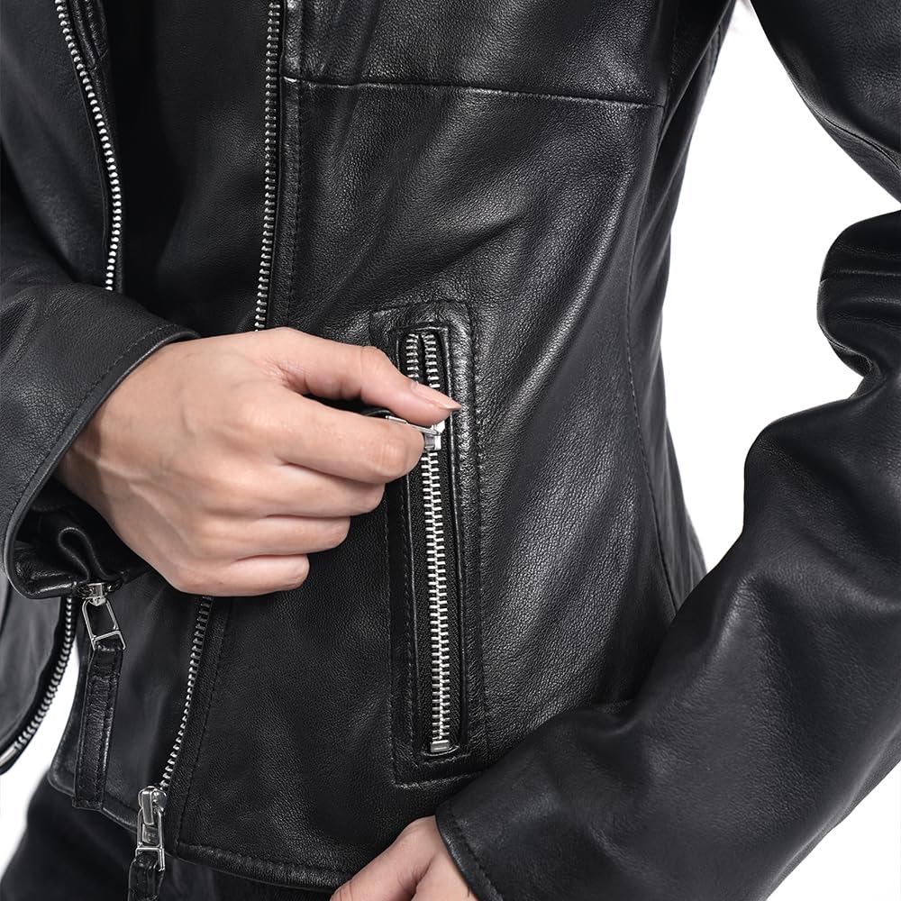 STREGA Women's Lambskin Leather Motorcycle Jacket - Real Leather Biker Jacket Women with Leather Pullers for Timeless Everyday Style | Black – Large