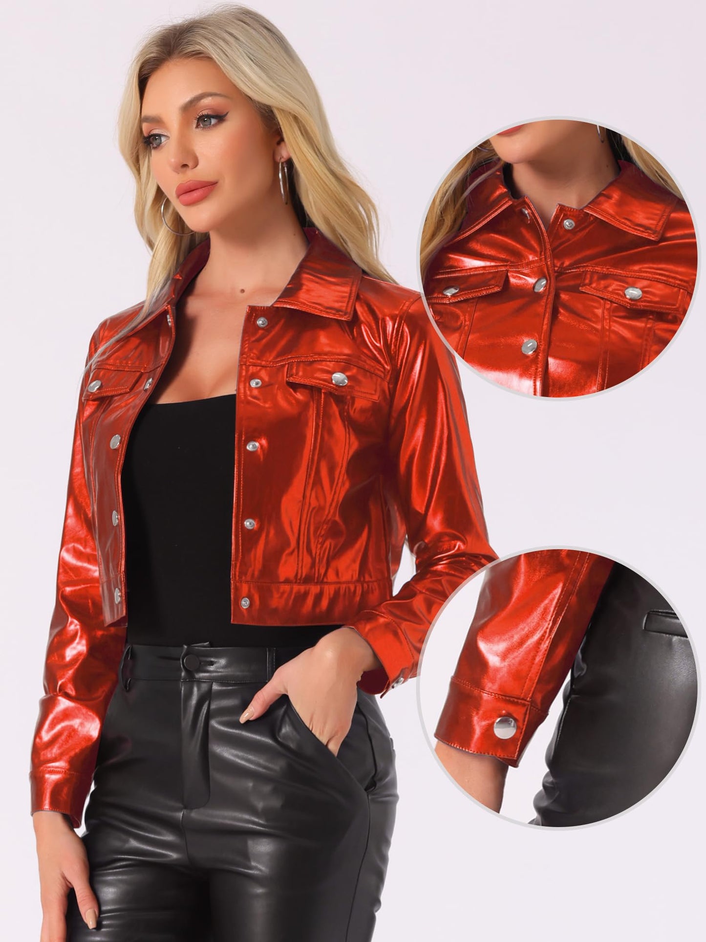Allegra K Metallic Jacket for Women Moto Biker Jacket Holographic Shiny Crop Party Jackets Large Red