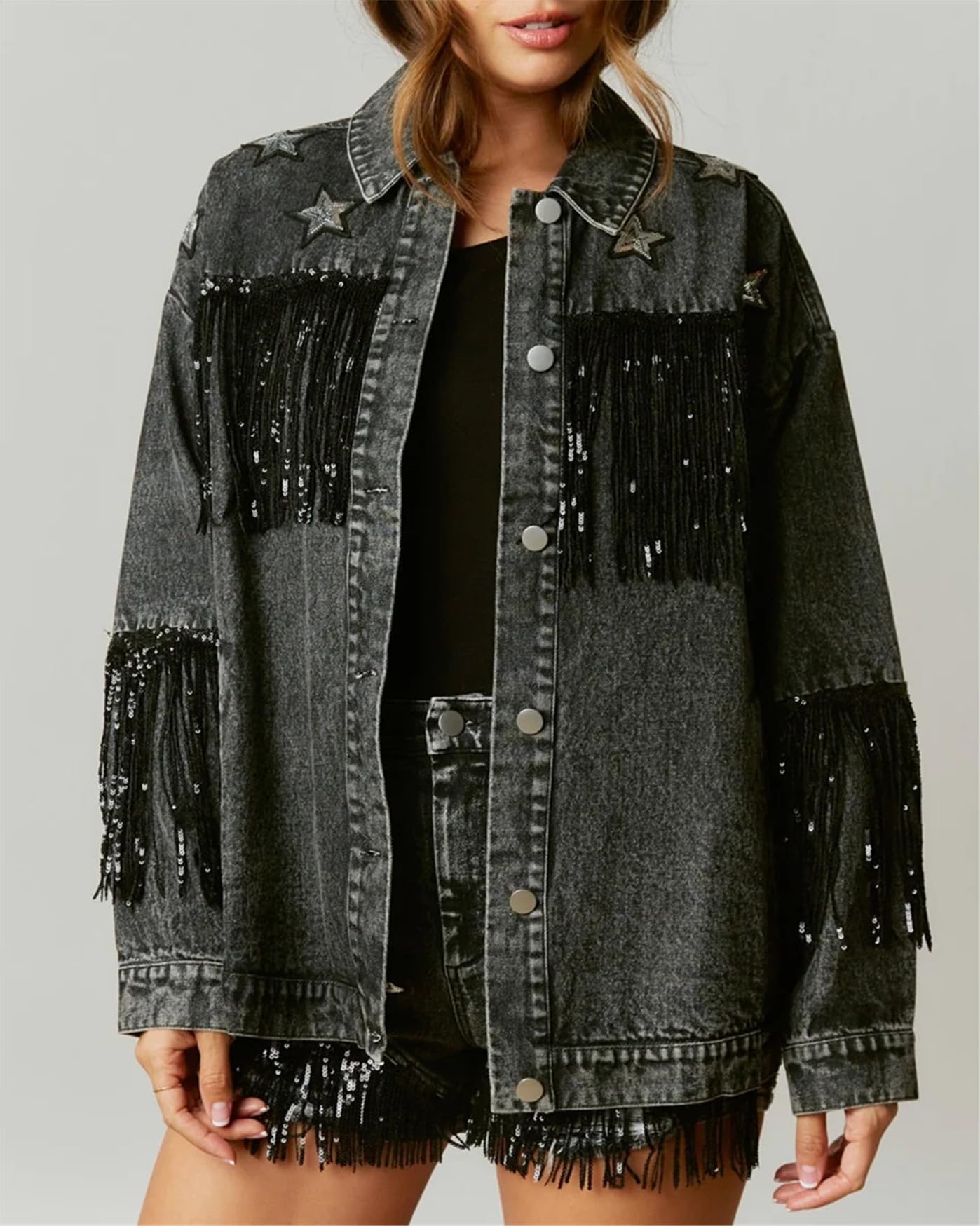 CYLADY Womens Denim Jacket with Fringe Rhinestones Long Sleeve Casual Tassel Jean Jacket Large