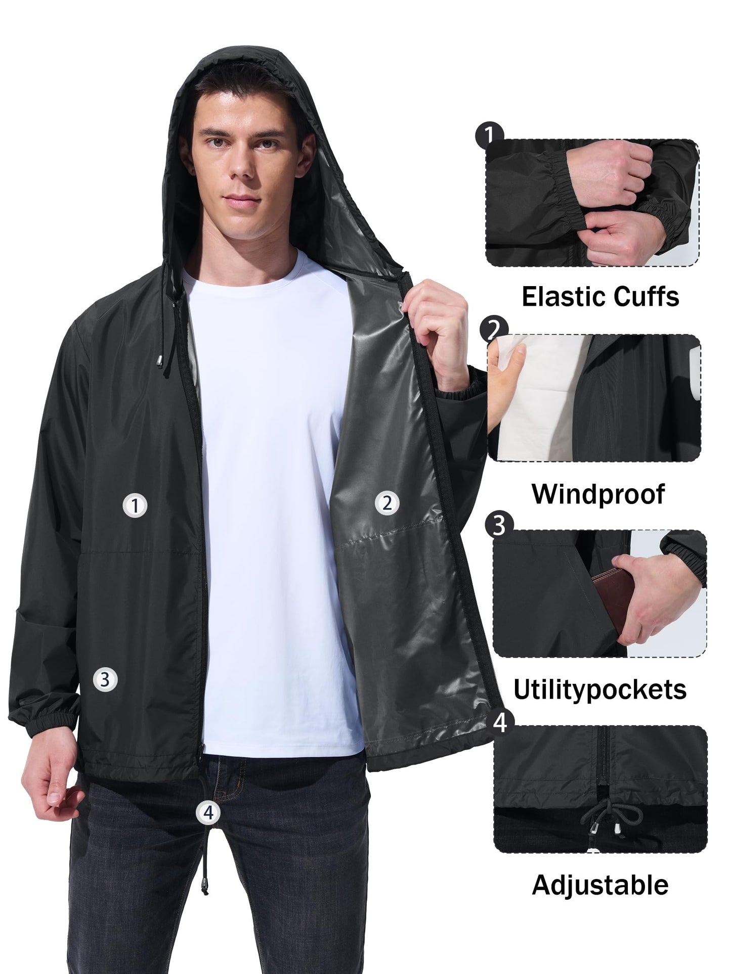 UIQUR Mens Rain Jacket Raincoat Waterproof Windbreaker Black XL