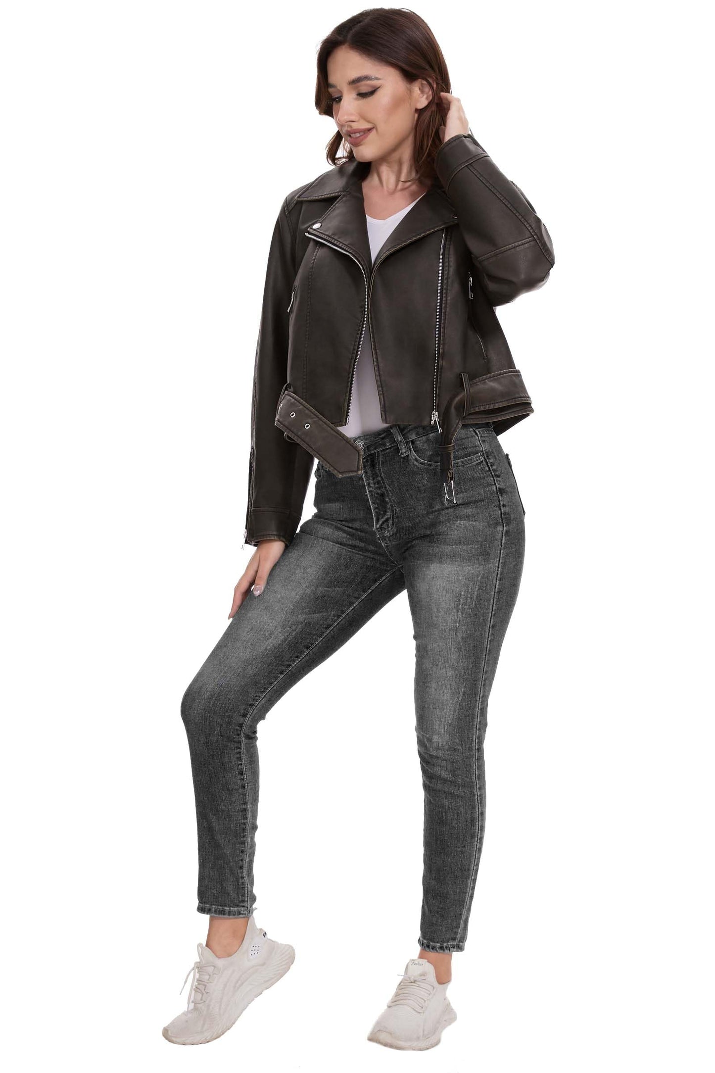 Fahsyee Leather Jacket for Women, Faux Motorcycle Belted Plus Size Moto Biker Coat Short Lightweight Vegan Pleather Fashion, Black, M