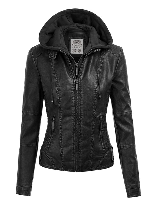 Made By Johnny MBJ WJC1044 Womens Faux Leather Quilted Motorcycle Jacket with Hoodie L Black