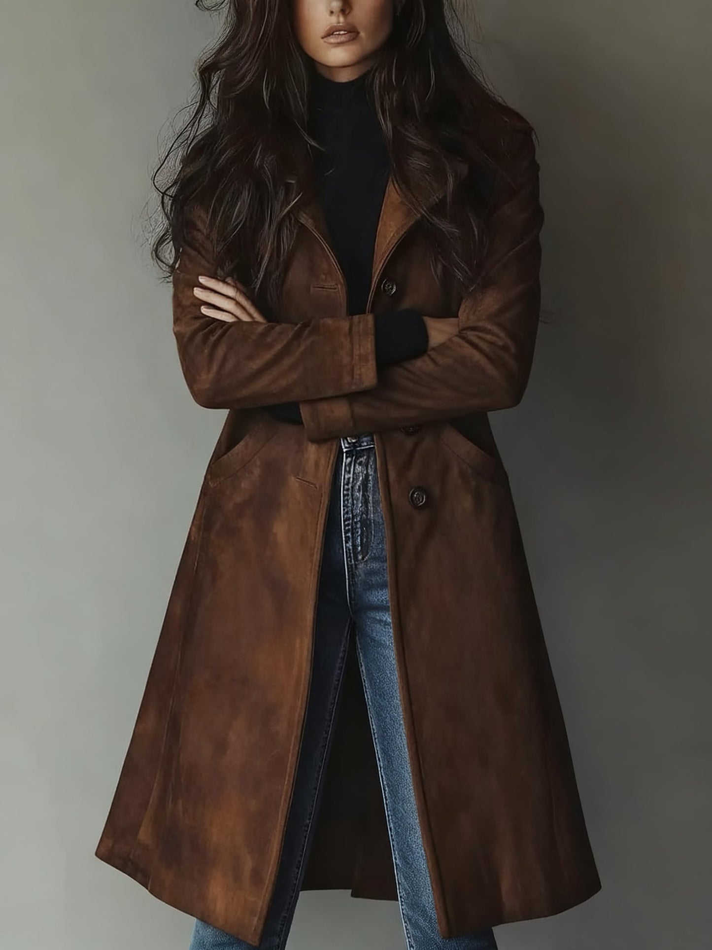 utcoco Womens Long Suede Trench Coat Single Breasted Leather Trench Overcoat with Pocket (X-Small, Dark Brown)