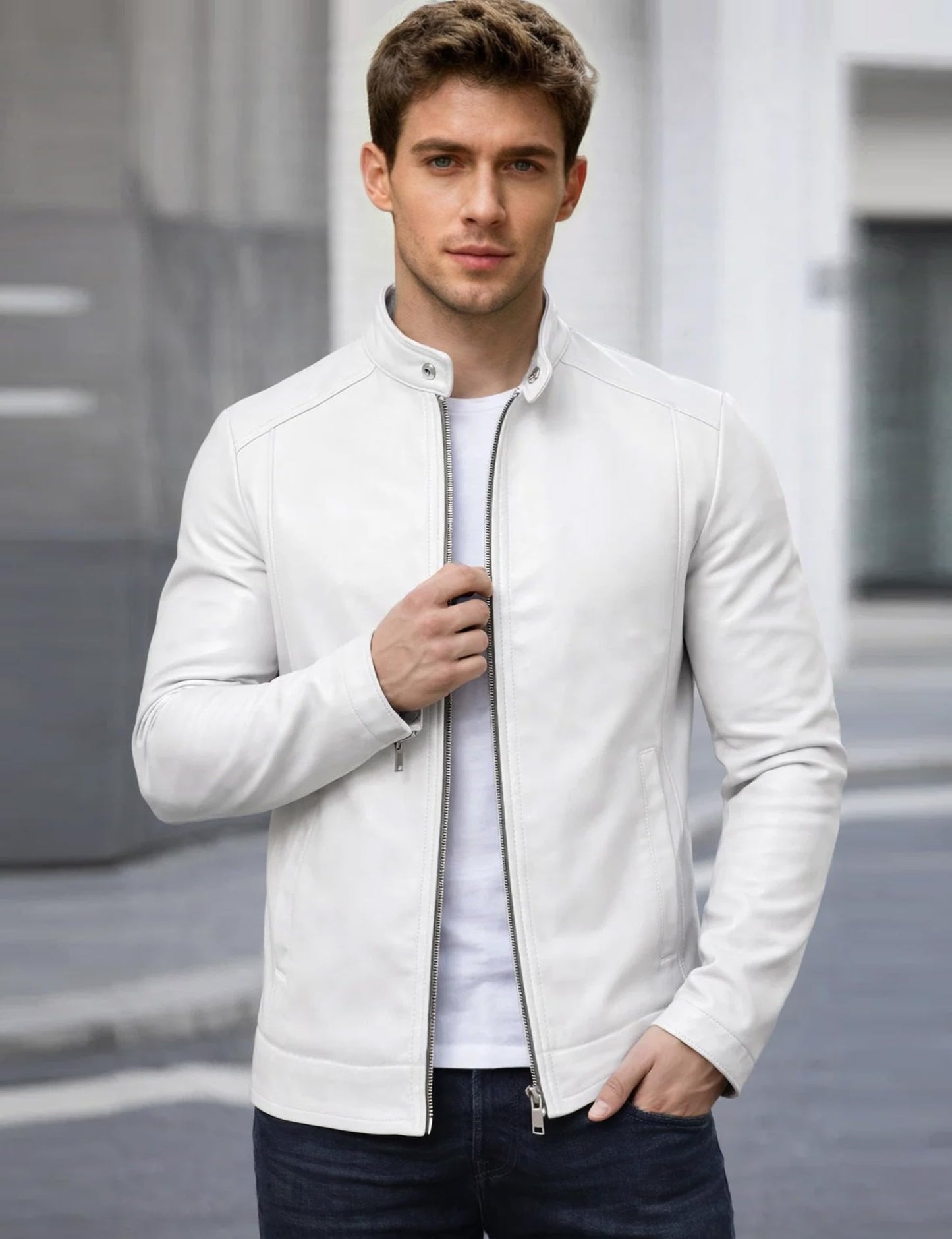 White Leather Jacket Men Faux Leather Motorcycle Stand Collar Biker Coat L
