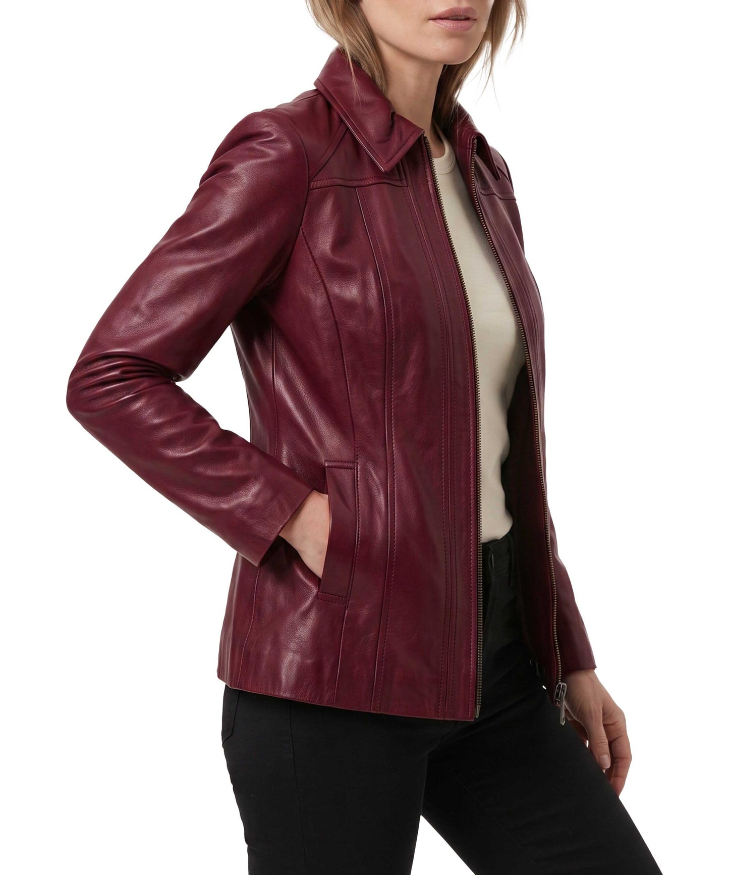 TRENDS GENESIS Maroon Leather Car Coat Women Genuine Lambskin Long Leather Jacket Classic Outerwear XL