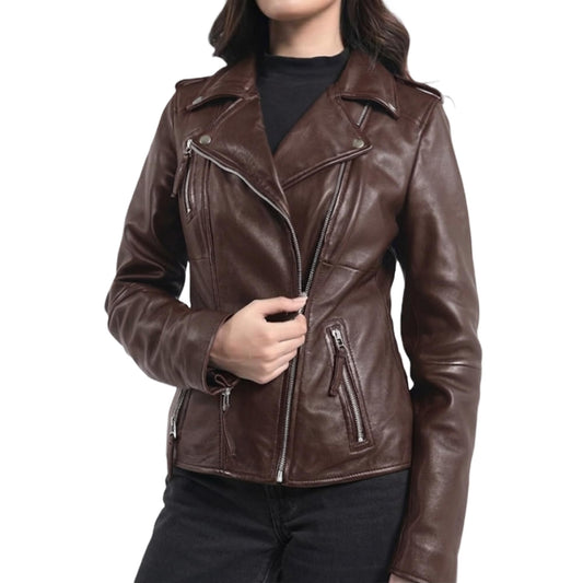 STREGA Women's Lambskin Leather Motorcycle Jacket - Real Leather Biker Jacket Women with Leather Pullers for Timeless Everyday Style | Brown – Large