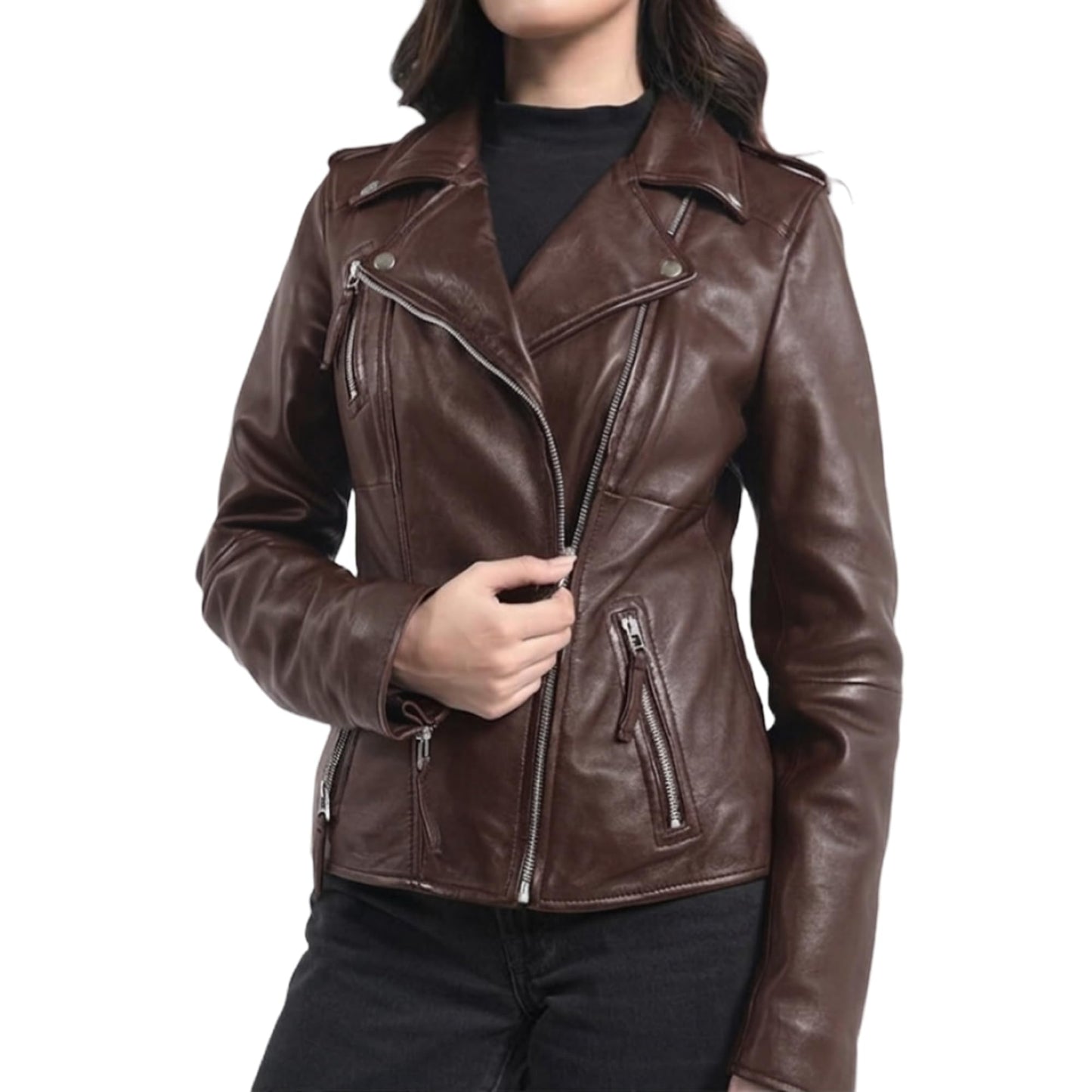 STREGA Women's Lambskin Leather Motorcycle Jacket - Real Leather Biker Jacket Women with Leather Pullers for Timeless Everyday Style | Brown – Medium