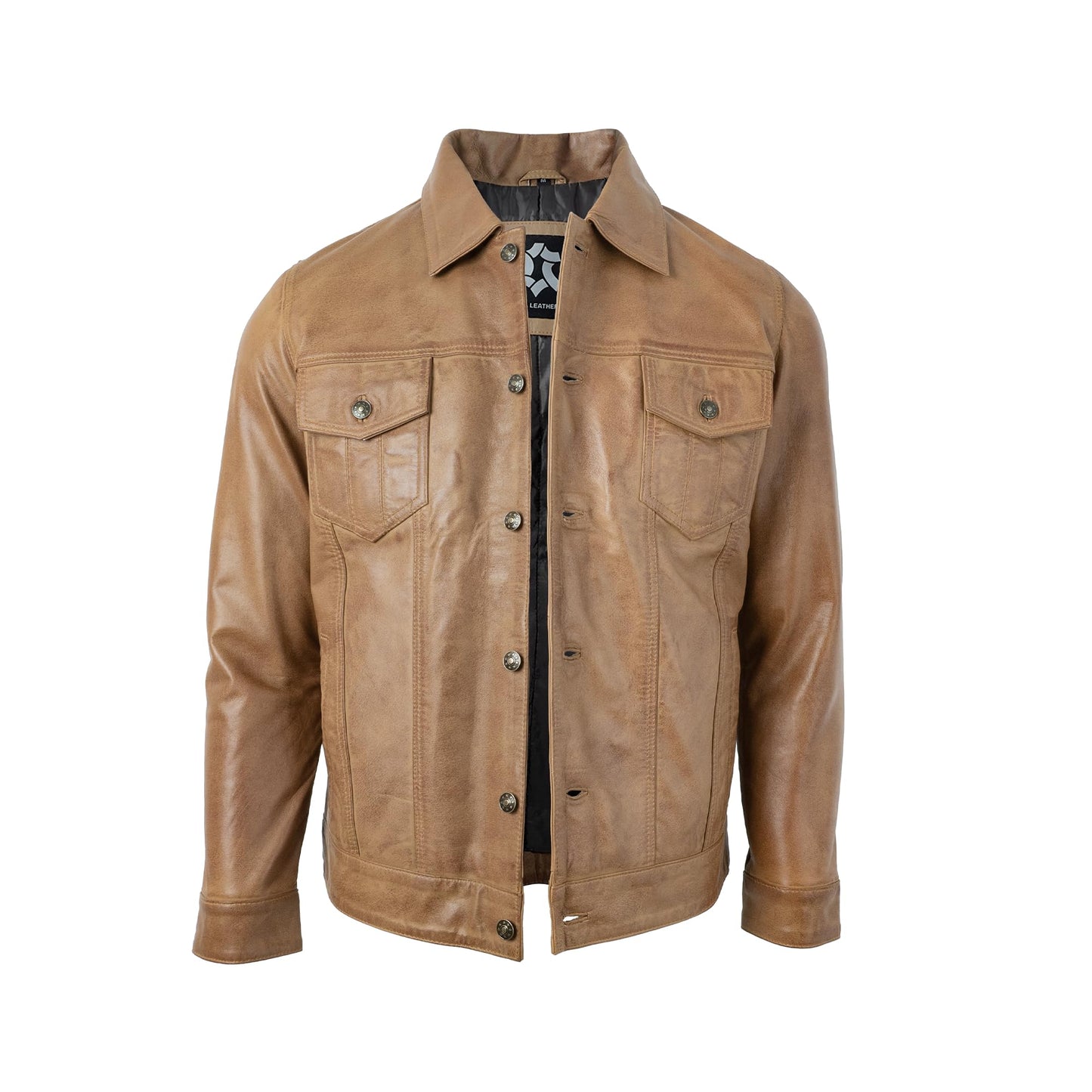 UrbanFocal Brown Leather Jacket Men - Real Lambskin Trucker Style Vintage Leather Jackets | [101002105] F.Trucker Camel, XL