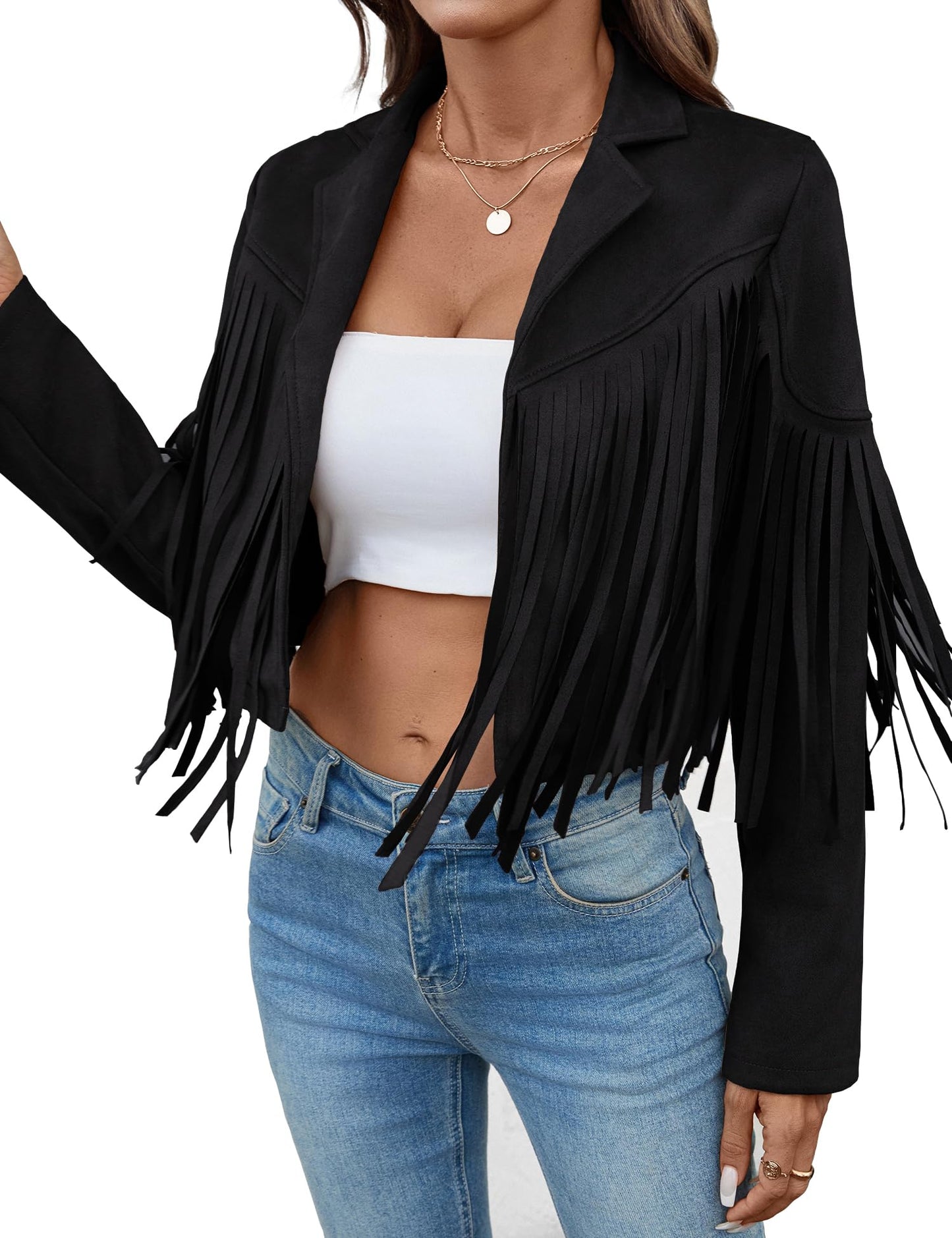MATEAM Women's Faux Suede Leather Tassel Jackets With Lining Cropped Fringe Coats For Women Cowgirl 2026 Spring Western 80s Outfit Black S