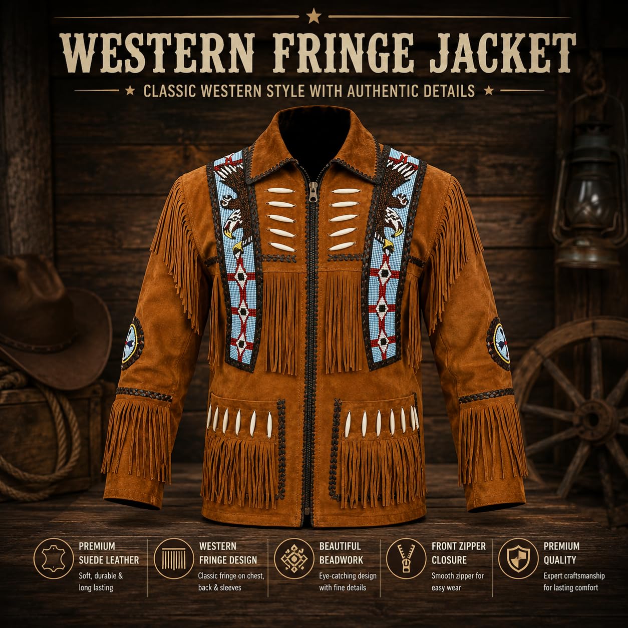 Rapid Mart Men's Western Cowboy Leather Jacket with Fringed Native American Suede Beaded Traditional Leather Coat (US, Alpha, X-Large, Regular, Regular, Tan Brown)