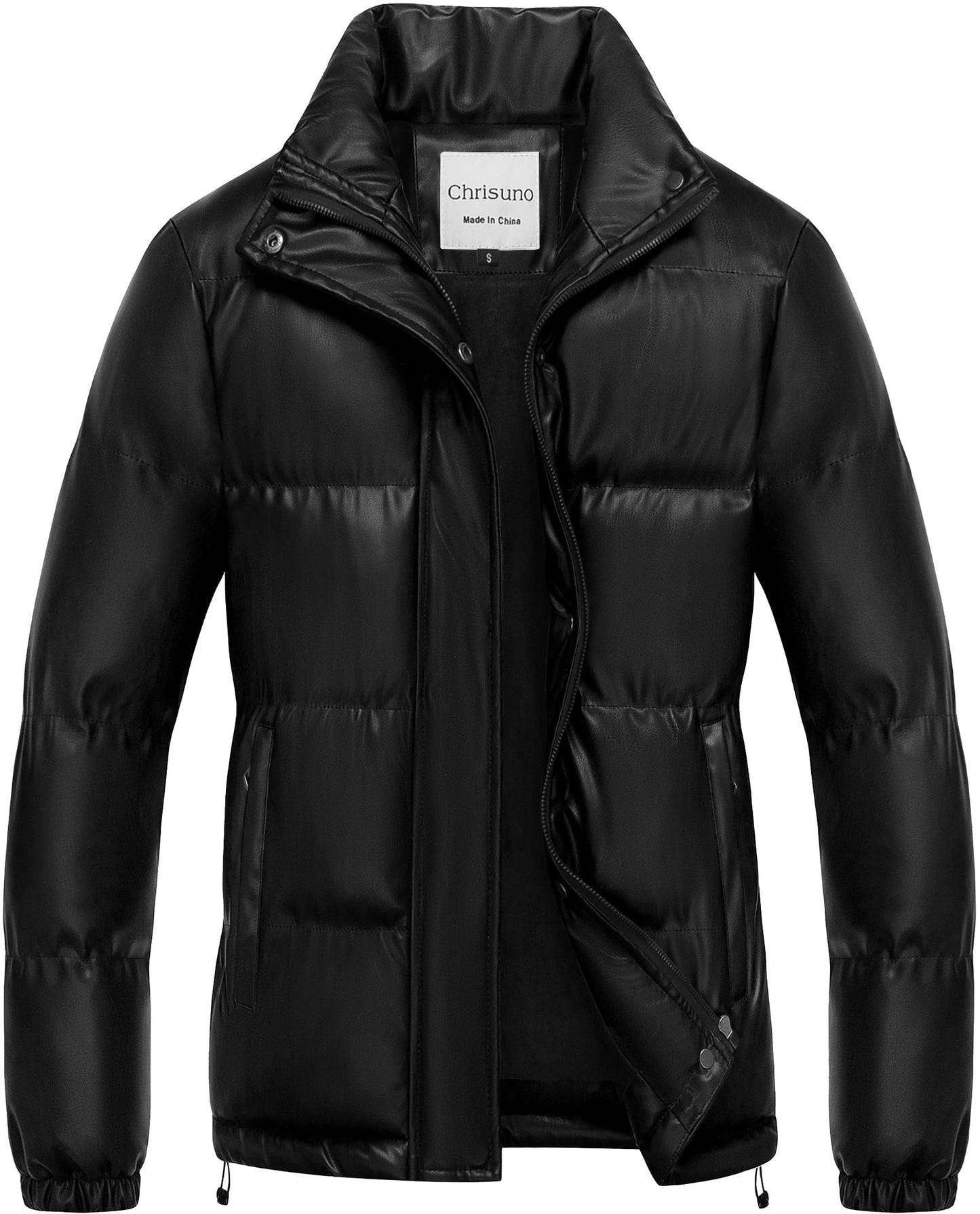 Chrisuno Women Puffer Jacket Windproof Motorcycle Leather Winter Jackets Women's Casual Short Stylish Faux-Leather Bubble Coat Black M