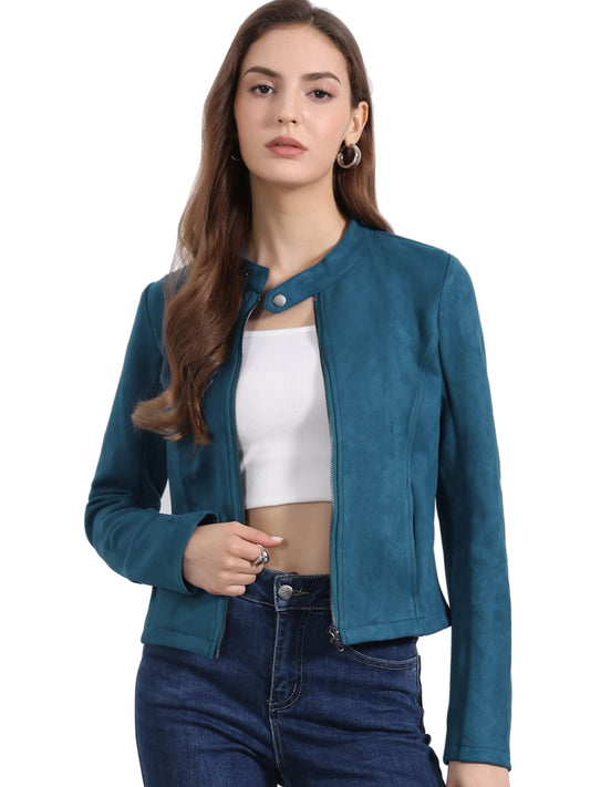 Allegra K Women's Faux Suede Jacket Stand Collar Zip Up Long Sleeve Motorcycle Biker Coat Small Peacock Blue