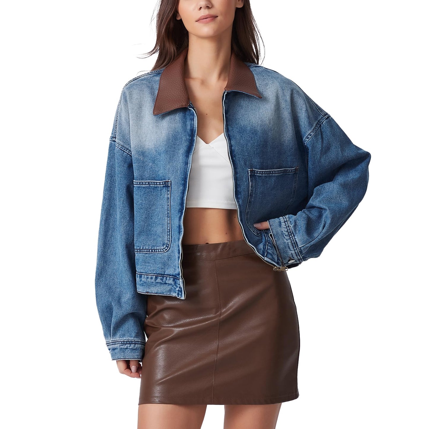 D-Sun Women's Denim Jackets Fake Leather Collar Long Sleeve Zipper Cropped Jean Jacket Denim Coat With Pockets