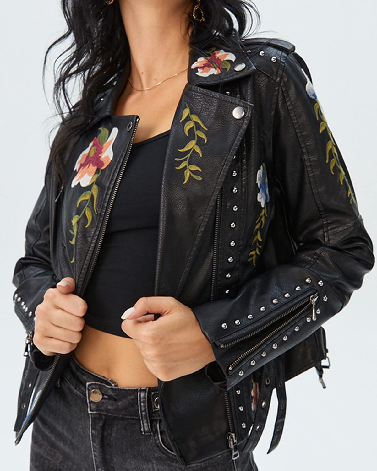 YILANUOYI Women's Embroidered Studded Faux Leather Jacket Moto Punk Jacket Floral Coat (XXL, XHPY Black)