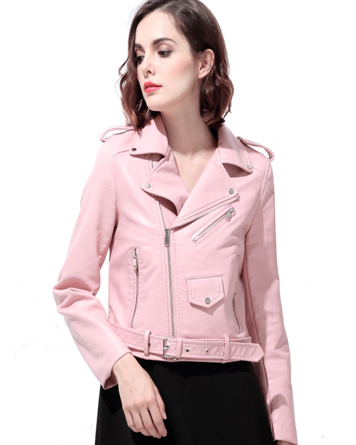 LY VAREY LIN Women's Faux Leather Motorcycle Jacket PU Slim Short Biker Coat (L, Pink)