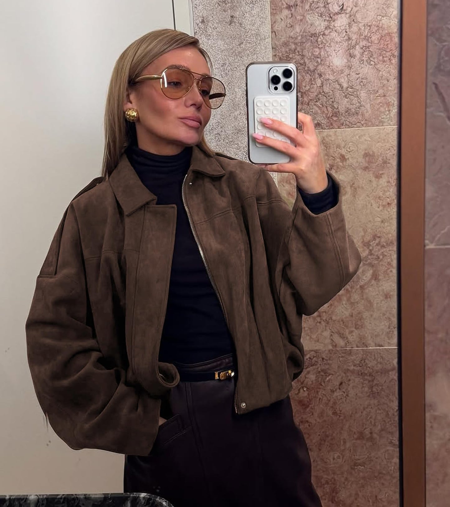 Bnigung Womens Faux Suede Bomber Jacket Casual Lapel Pilot Cropped Coat Oversized Motorcycle Jackets 2025 Outerwear(Coffee-M)