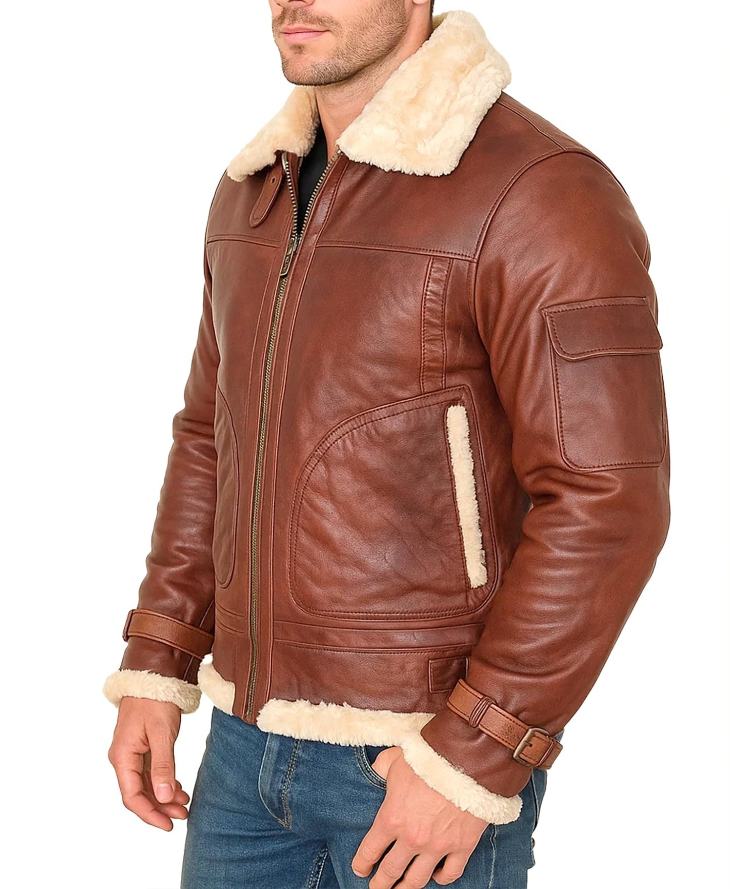 Mens B3 RAF Aviator Flight Pilot Bomber Sheepskin Leather Jacket - Flying Fur Shearling Brown Leather Jacket