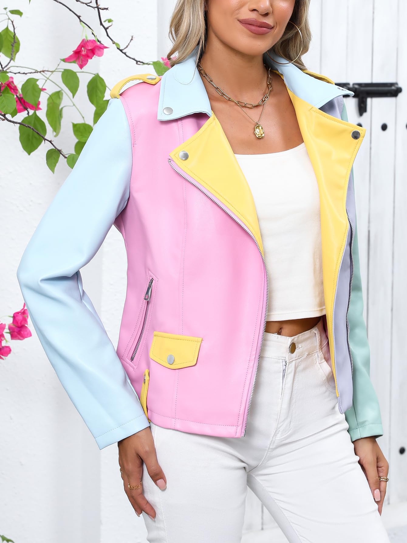 Bellivera Women's Faux Leather Casual Short Jacket Moto Fall Coat with Pockets R23002 Multicolor L