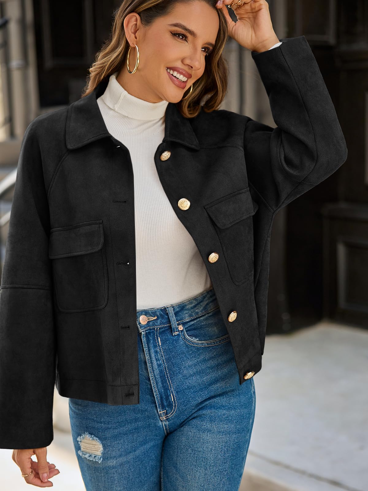 Cicy Bell Womens Faux Suede Leather Jackets Oversized Cropped Casual Lapel Collar Button Down Fall Vintage Shackets