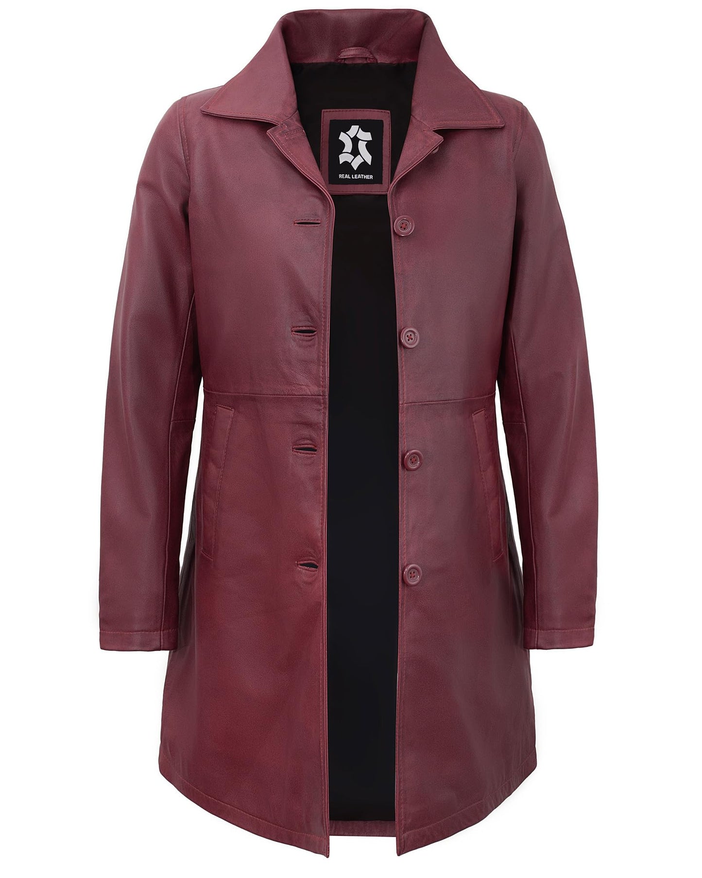 UrbanFocal Maroon Long Leather Jacket Women - Casual Womens Leather Coat | [101009106] Angla Maroon, 2XL