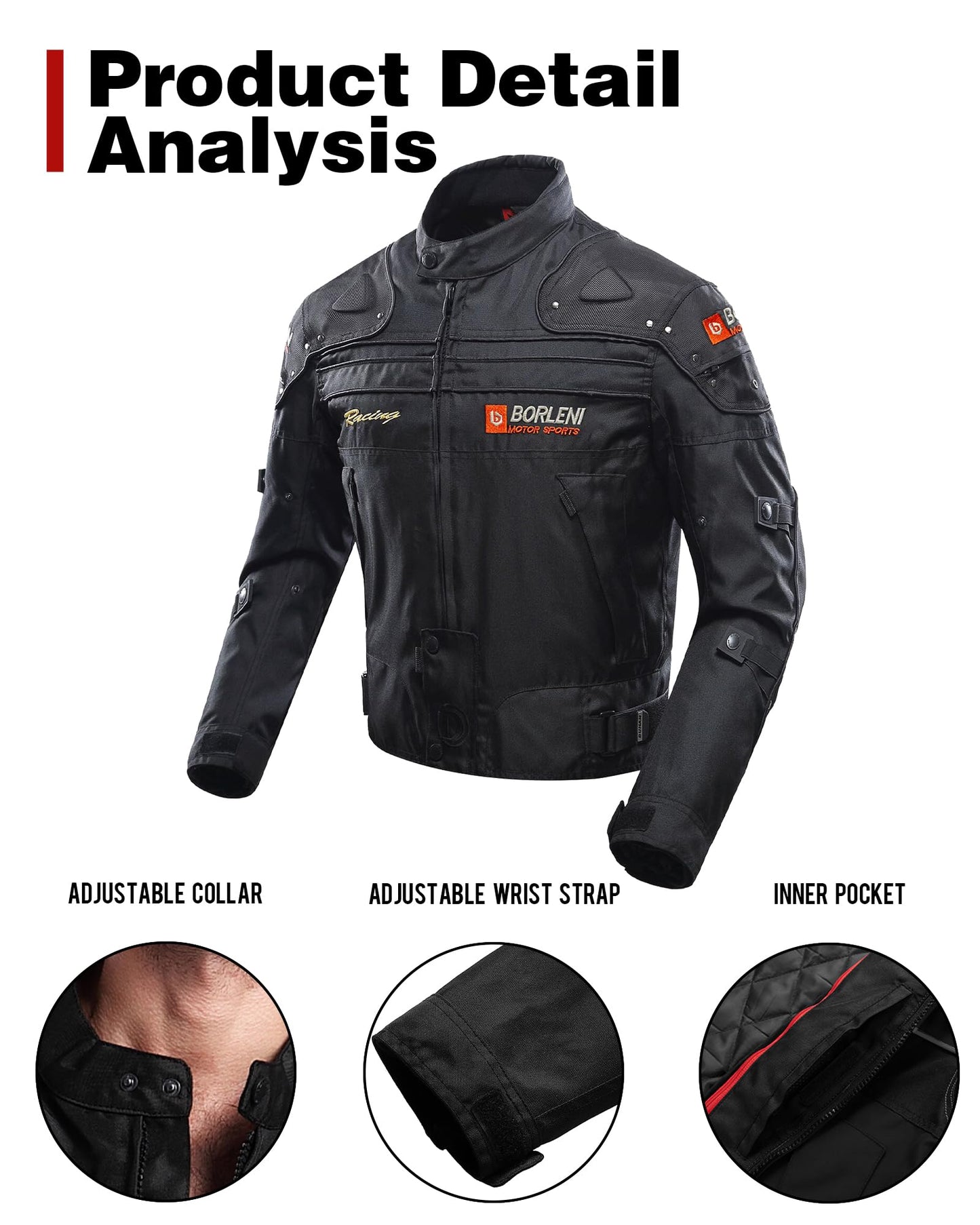 BORLENI Motorcycle Jacket Motorbike Riding Jacket Windproof Motorcycle Full Body Protective Gear CE Armor All Season
