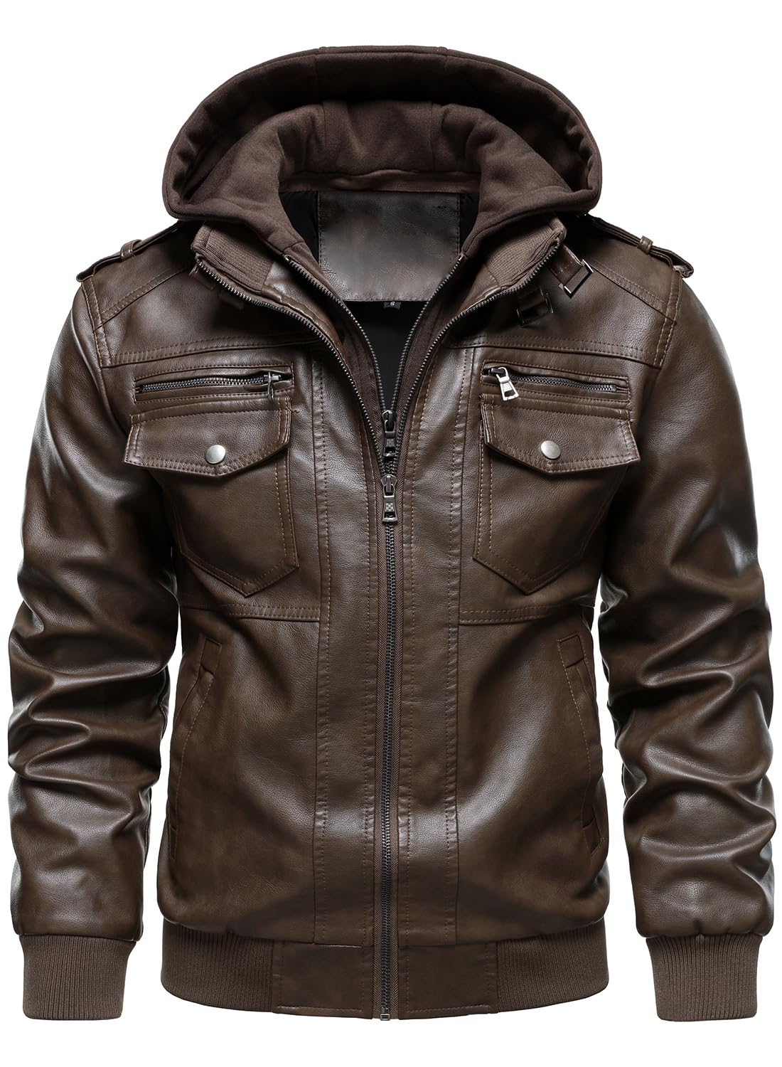 HOOD CREW Men's Faux Leather Hooded Jacket Motorcycle Jackets Water Repellent Windproof PU Moto Vintage Bomber Hoodie Coats Coffee XL