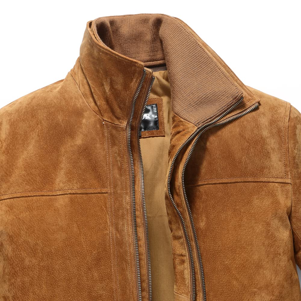 FLAVOR Men's Classic Leather Jacket Suede Winter Coat with Removable Collar (Medium, Brown)