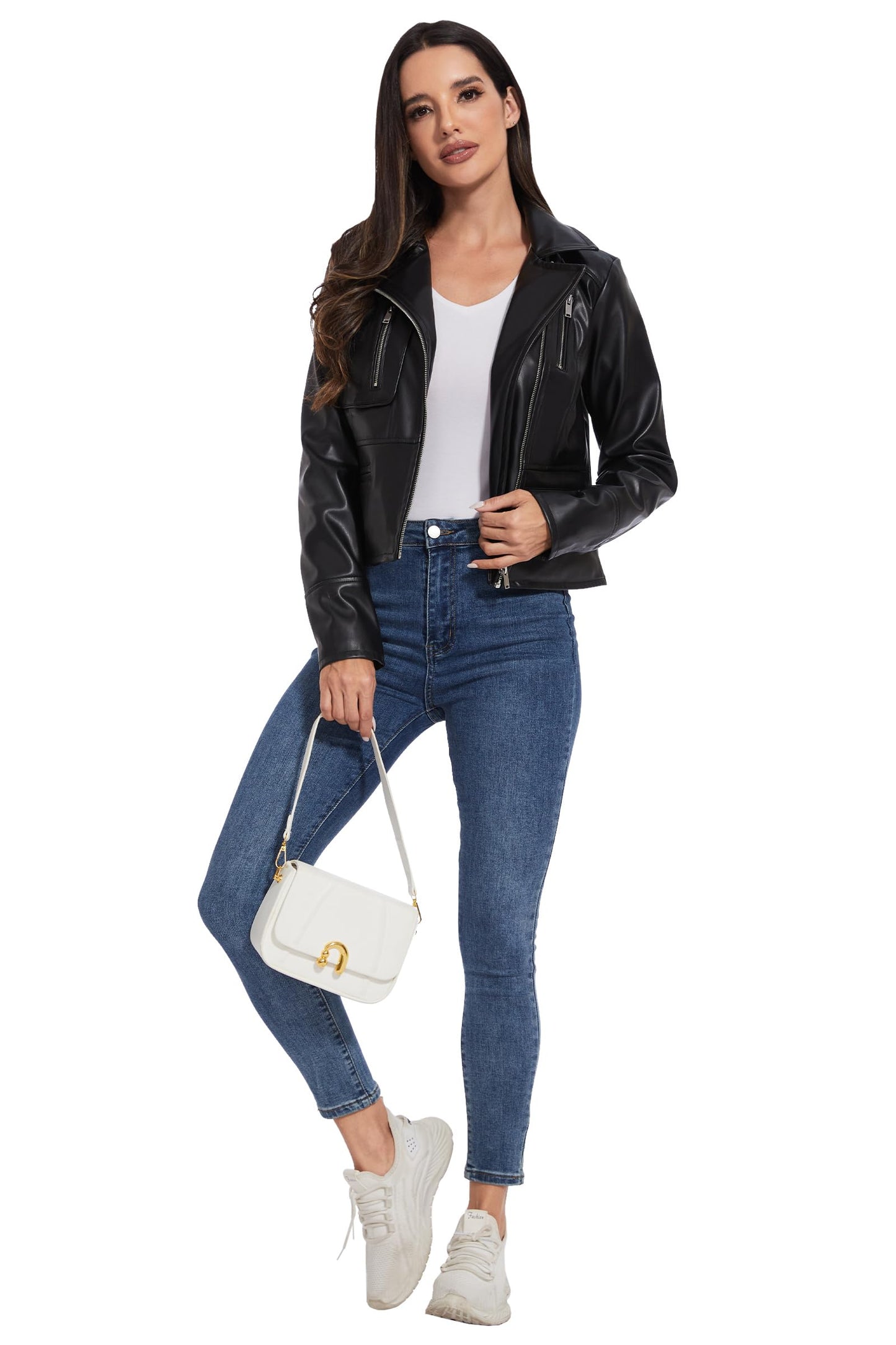 Fahsyee Women's Faux Leather Jackets - Moto Biker Motocycle PU Zipper Coat Lightweight Blazer Vegan Black M