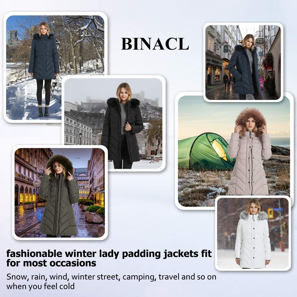 BINACL Women's Snow Winter Hooded Coat with Fur Hood, Beloved Long Sleeve Down Alternative Cotton Hunting Expedition Thickened Workout Traniing 100% polyester Single Button Military Jacket(Navy,S)