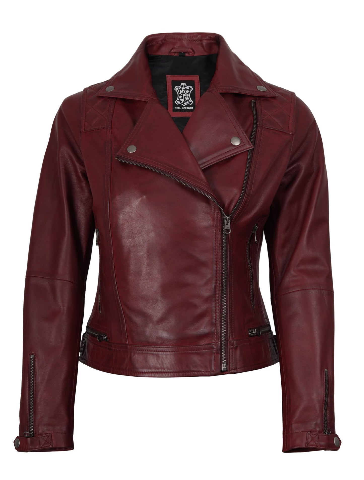 Decrum Disc Womens Burgundy Asymmetrical Jacket - Genuine Lambskin Women Jakcet | [1306493] Kmberly, M