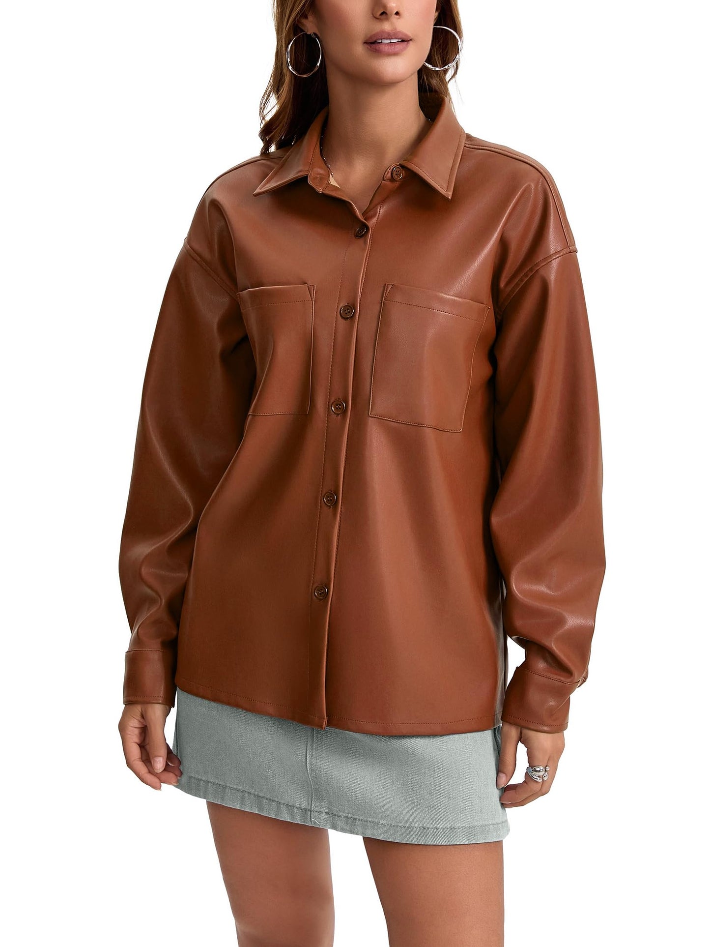 Haianguoji Women's Faux Leather Button-Down Shirt Jacket Lightweight Long Sleeve PU Blouse Shacket Tops (Brown, M)