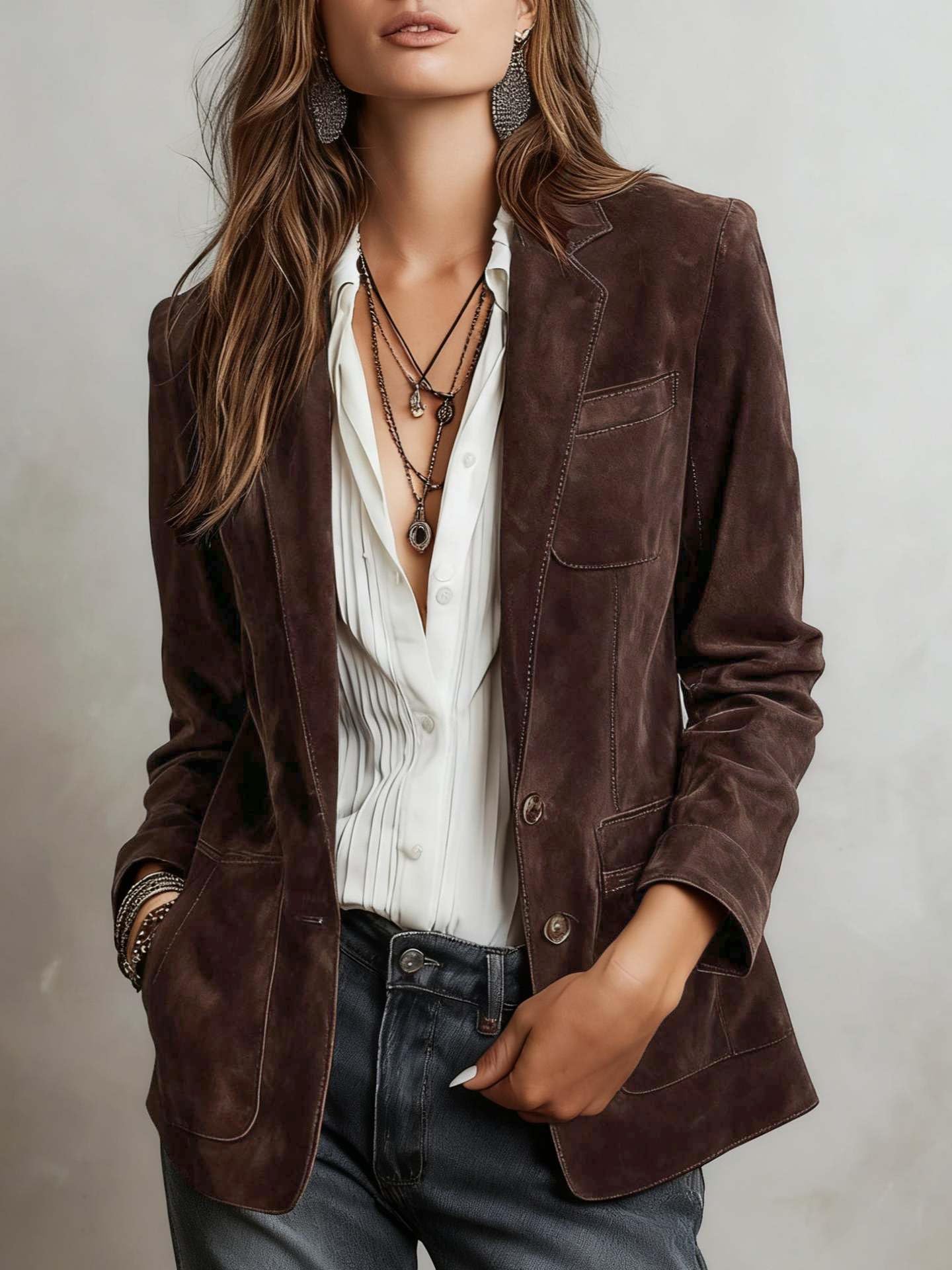 chouyatou Women's Retro Faux Suede Leather Blazer Jacket Notched Collar Work Dressy Business Casual Coat (Large,Dark Brown)