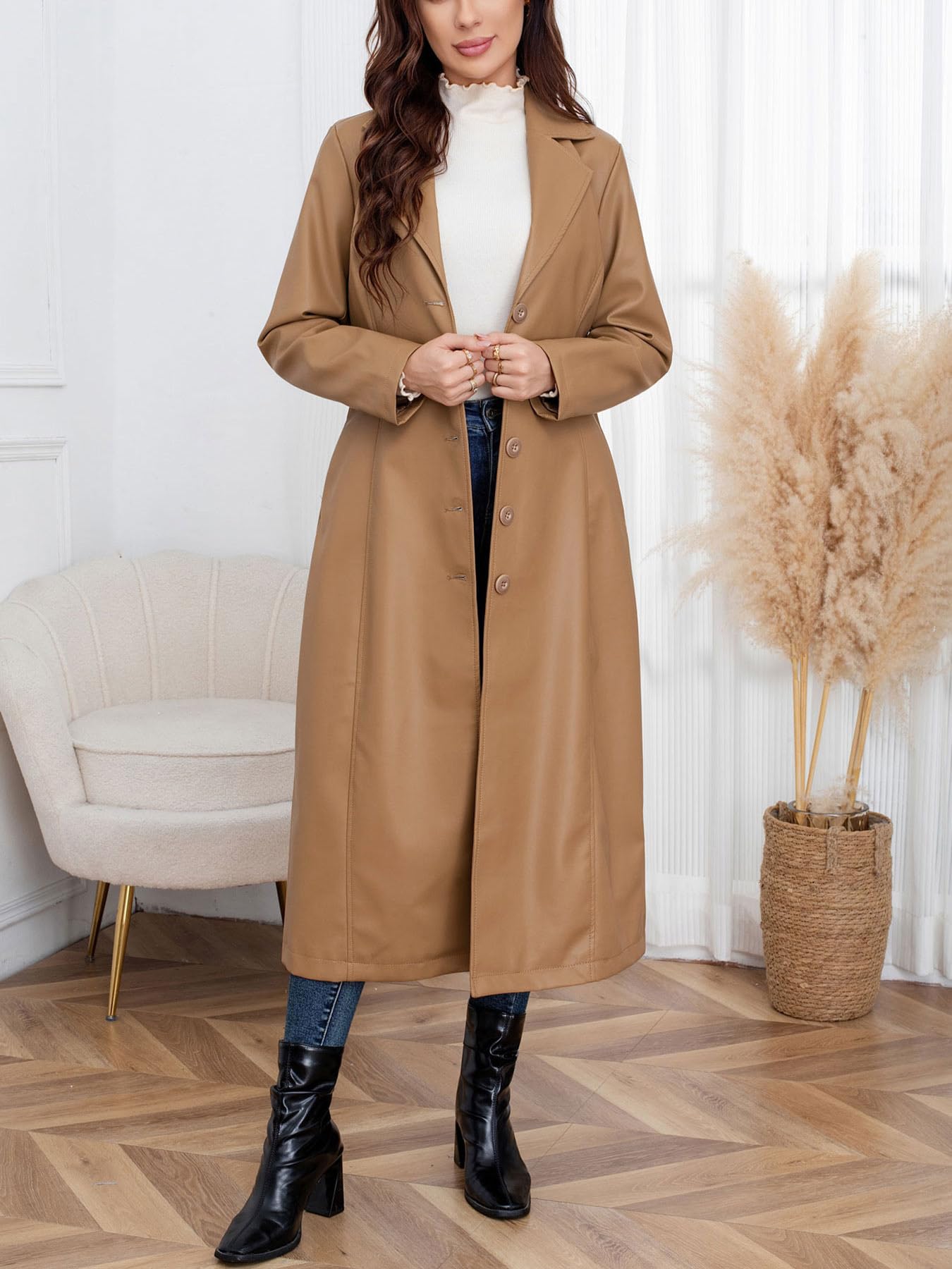 utcoco Womens Faux Leather Trench Coat Classic Lapel Button Down Maxi Jacket 2025 Stylish Overcoat (Small, Brown)