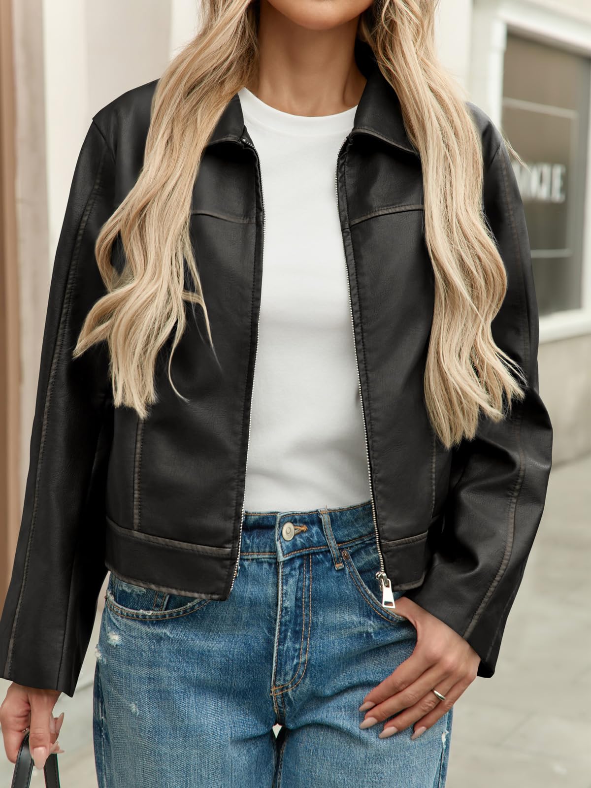 Yousify Womens Faux Leather Jacket Casual Zip Up Motorcycle Long Sleeve Collared Spring Cropped Coats with Pockets