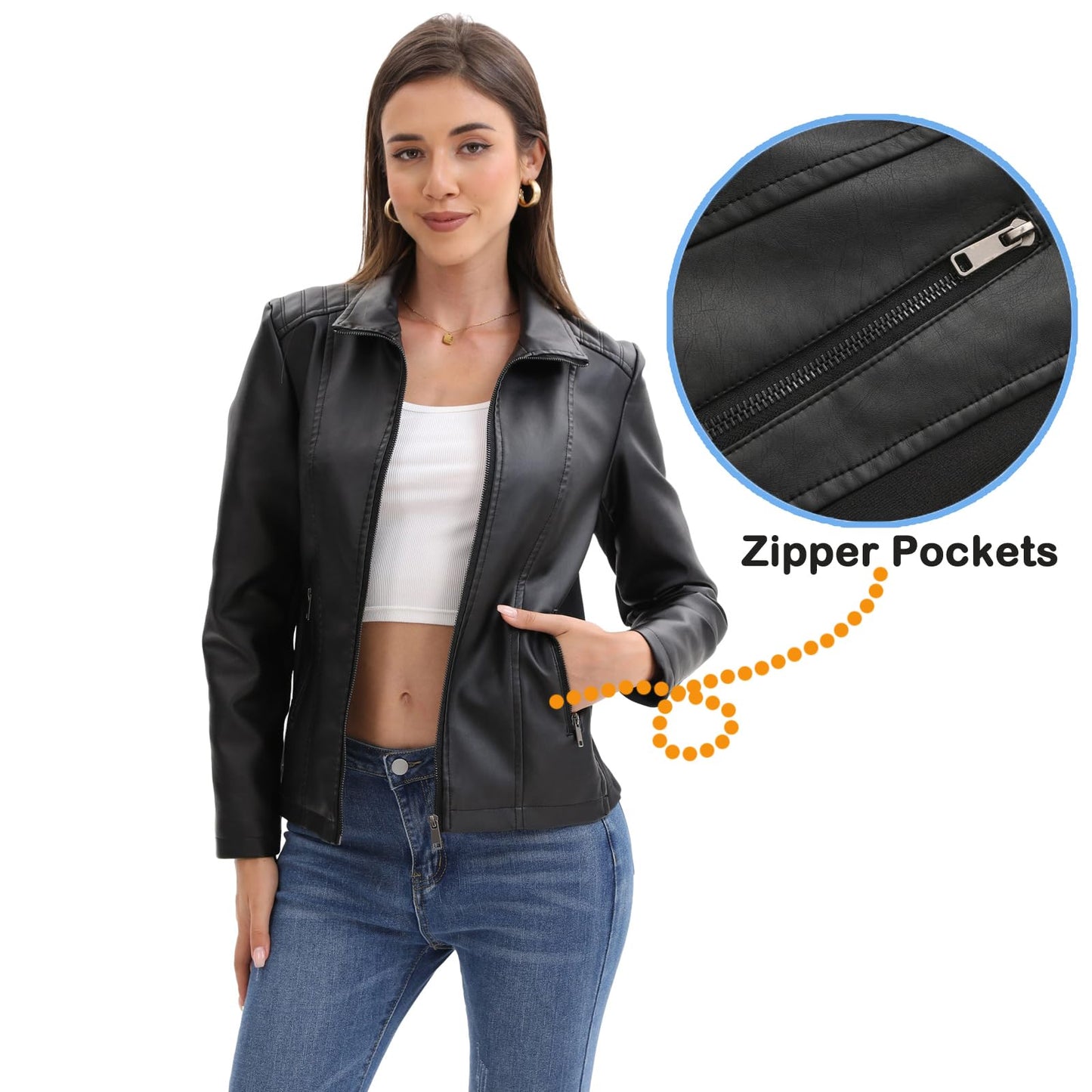 CHIGUO Faux Leather Jacket for Women Motorcycle Fashion Zip Up Coat Trendy Going Out Jackets (Black,Medium)