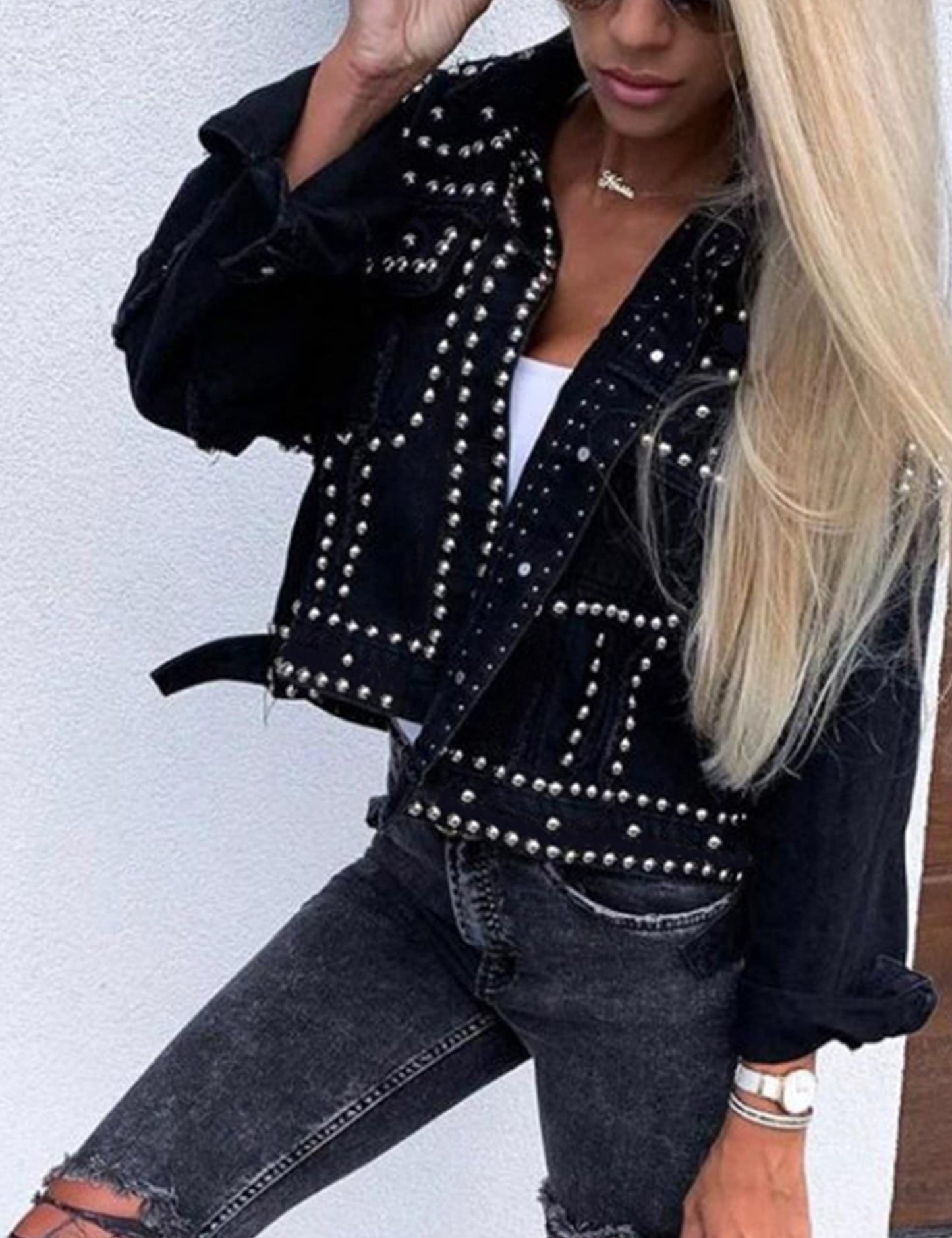 APAFES Women's Fashion Crop Fringe Denim Jacket Distressed Western Studded Black Trucker Jacket(0270-Black-S-NG)