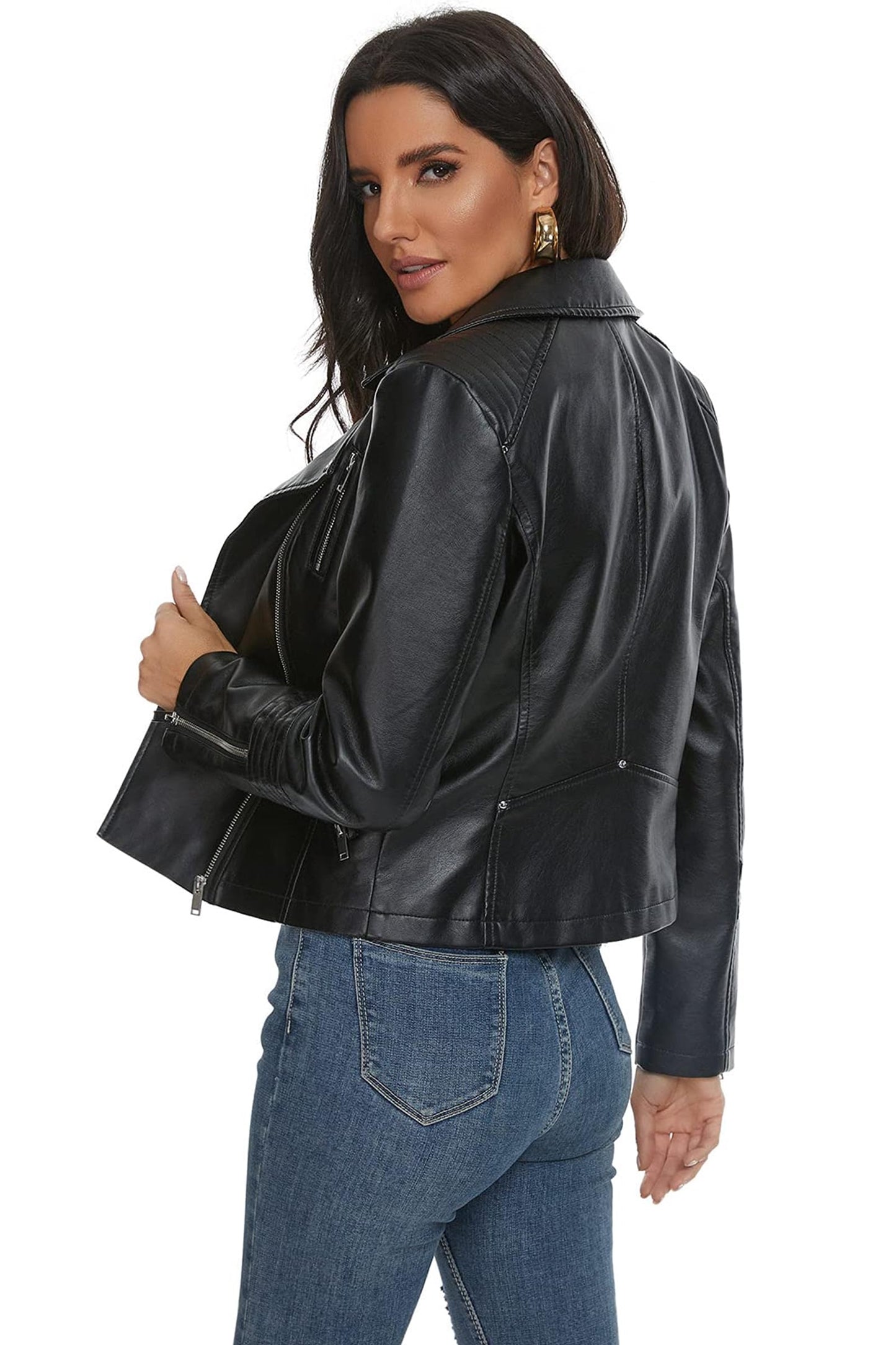 Fahsyee Women's Black Leather Jackets, Faux Motorcycle Bomber Moto Bike Plus Size Coat Short Lightweight Vegan Pleather Fashion S