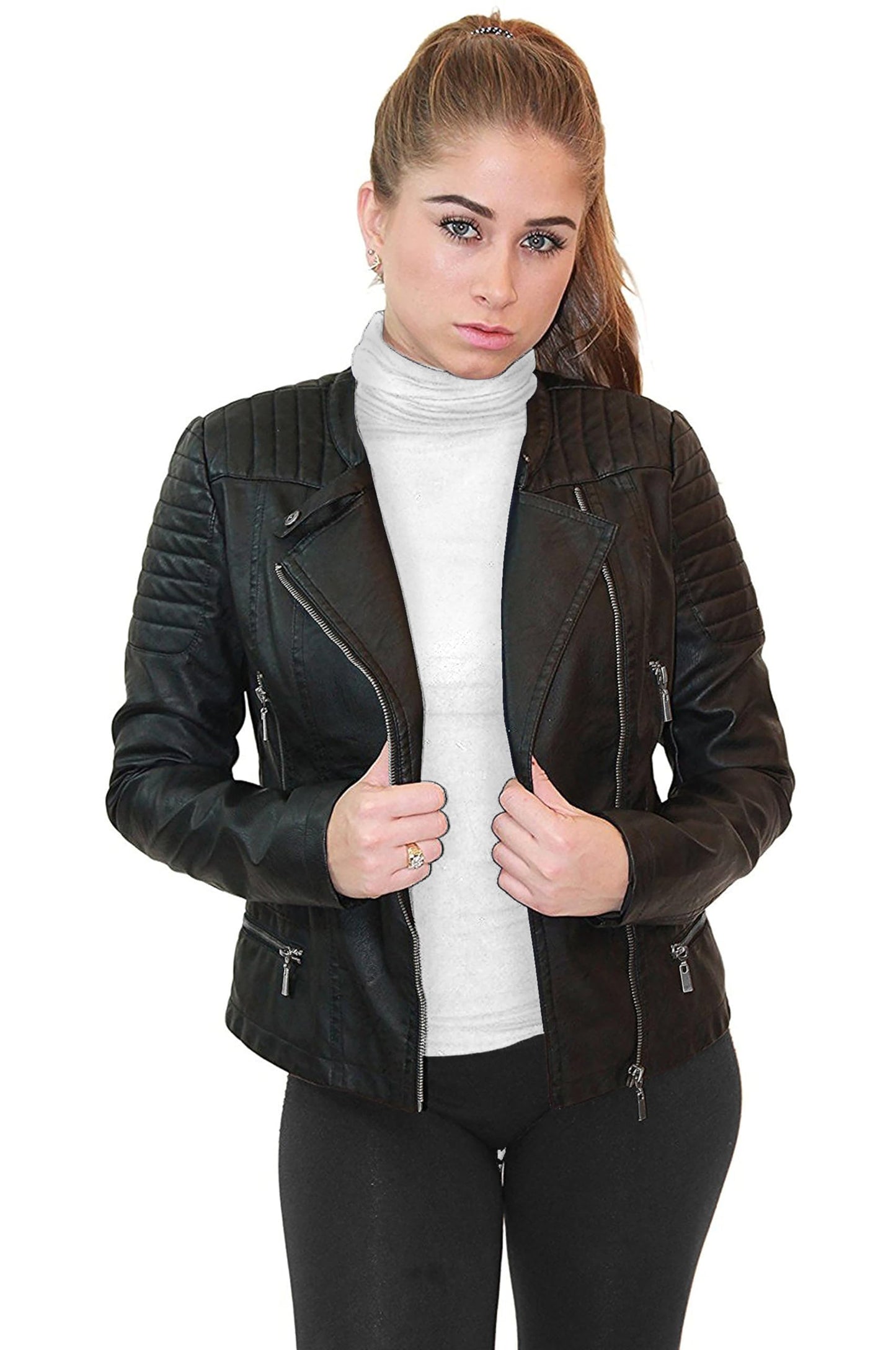Olivia Miller Womens Faux Leather Zip Up Moto Biker Jacket JK5207S Black Medium