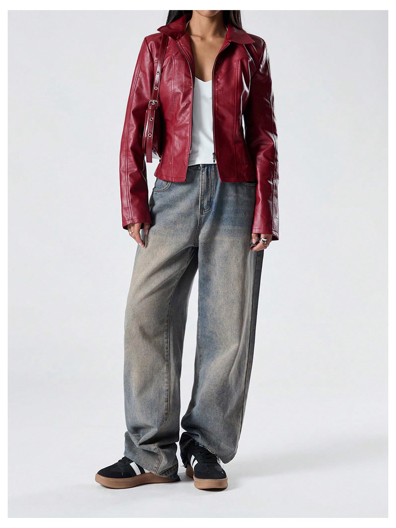 MakeMeChic Women's Cropped Faux Leather Jacket Long Sleeve Zip Up Vintage Biker Motorcycle Concert Coats Burgundy Large