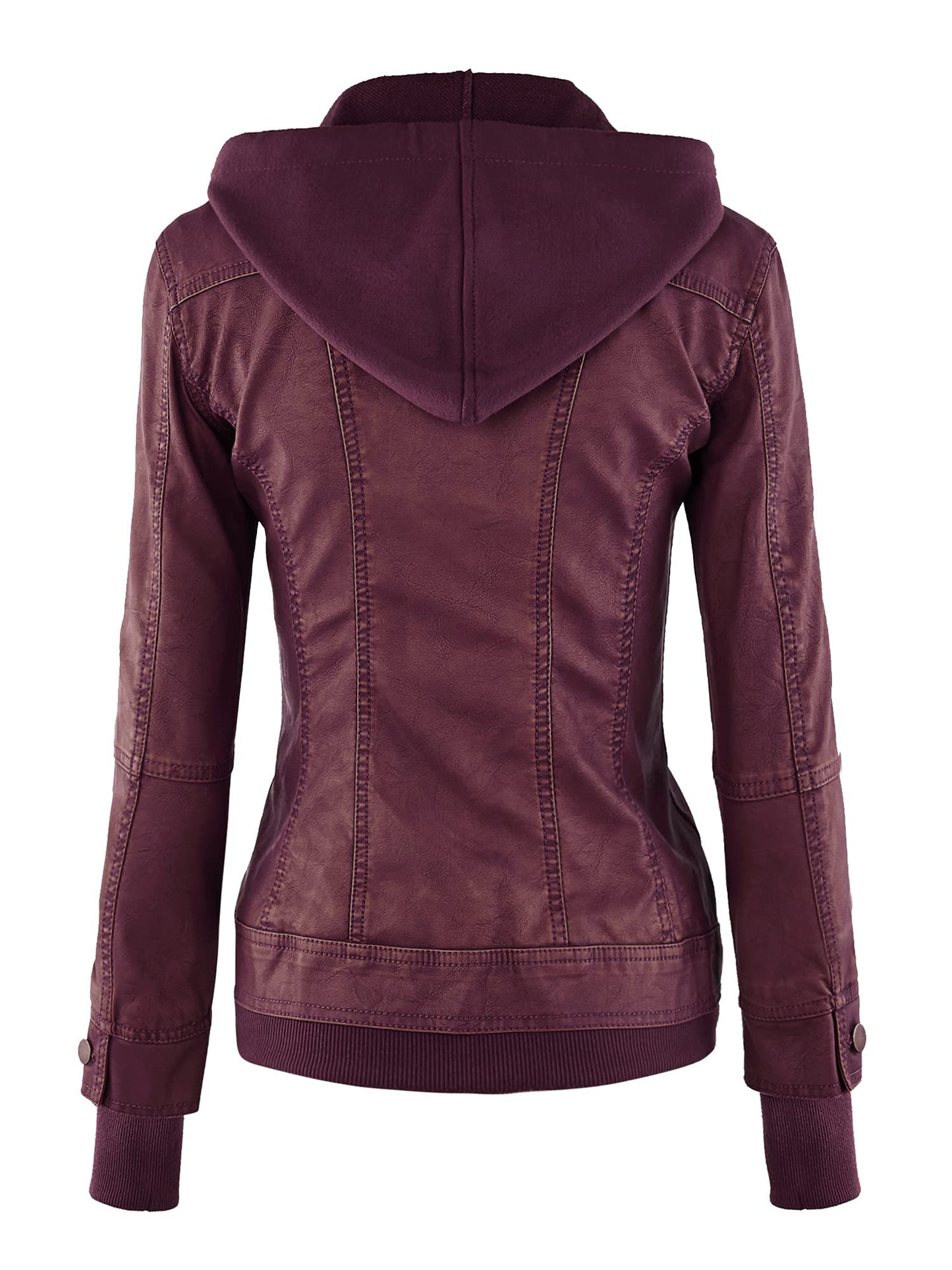 Lock and Love LL WJC664 Womens Faux Leather Jacket with Hoodie S WINE