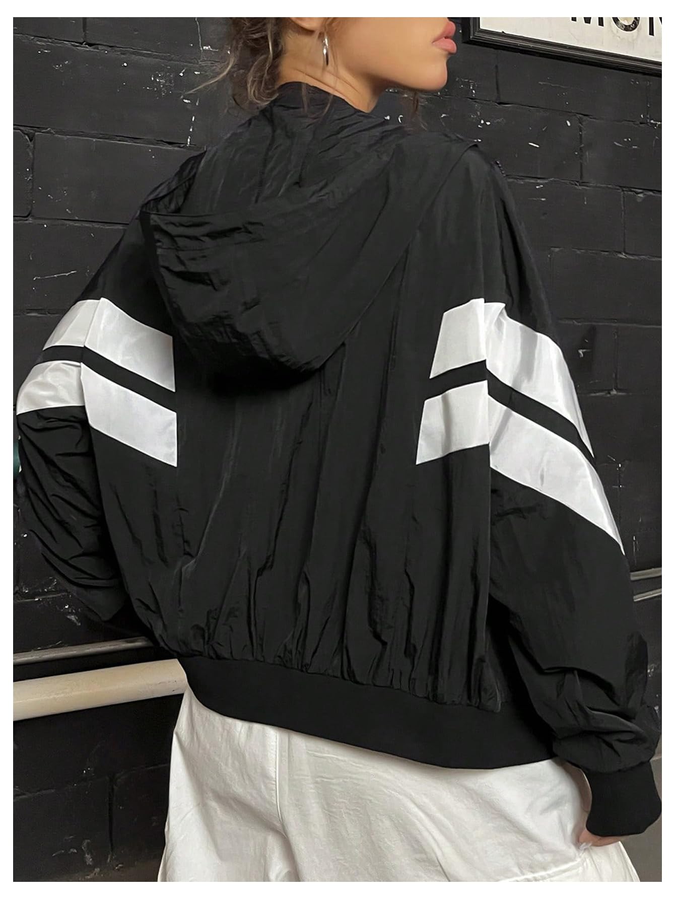 Verdusa Women's Color Block Zip Up Hooded Jacket Outerwear Loose Windbreaker Jackets Black Small