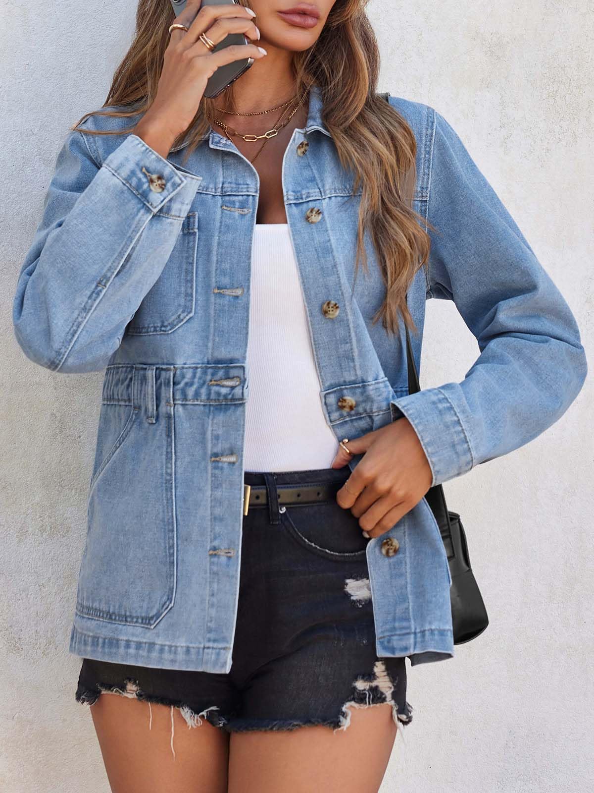 Tankaneo Denim Jacket for Women Distressed Jean Jacket Button Down Oversized Shacket with Pockets