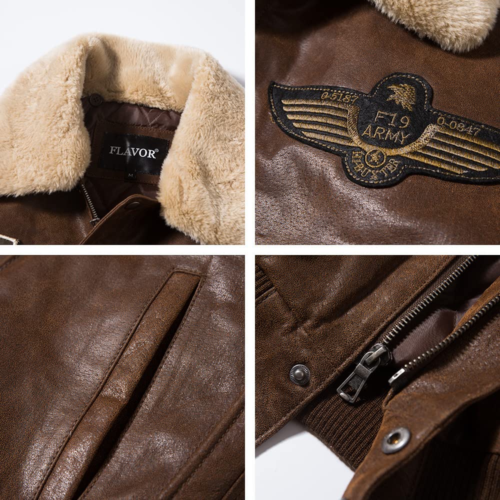 FLAVOR Men's Real Leather Bomber Jacket with Removable Fur Collar Aviator (Medium, Brown)