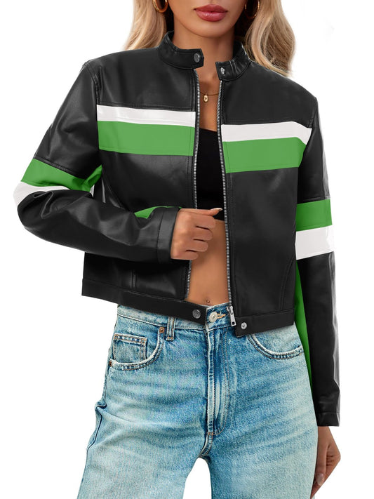 Tankaneo Womens Cropped Moto Biker Jackets Faux Leather Bomber Jacket Color Block Vintage Racing Coats