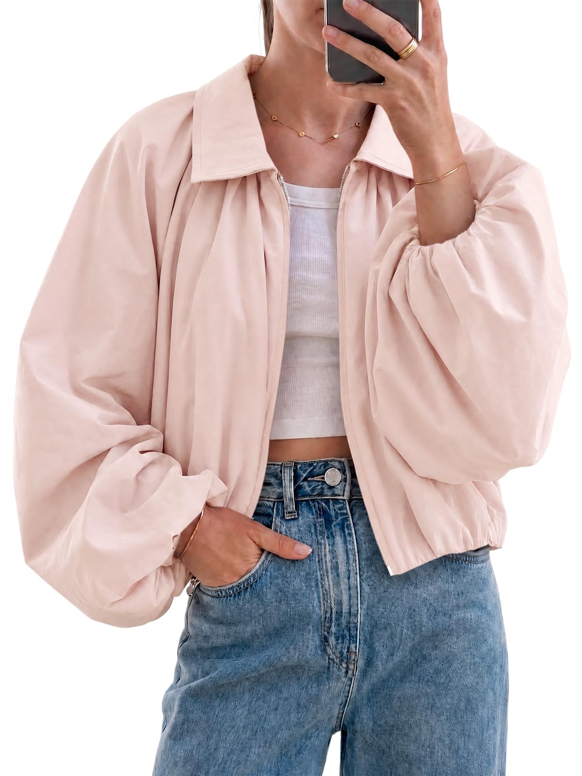 Tankaneo Womens Cropped Jackets Bomber Coat Fall Casual Zip Up Outerwear