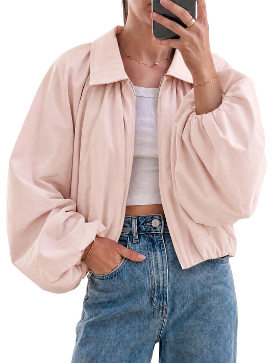 Tankaneo Womens Cropped Jackets Bomber Coat Fall Casual Zip Up Outerwear